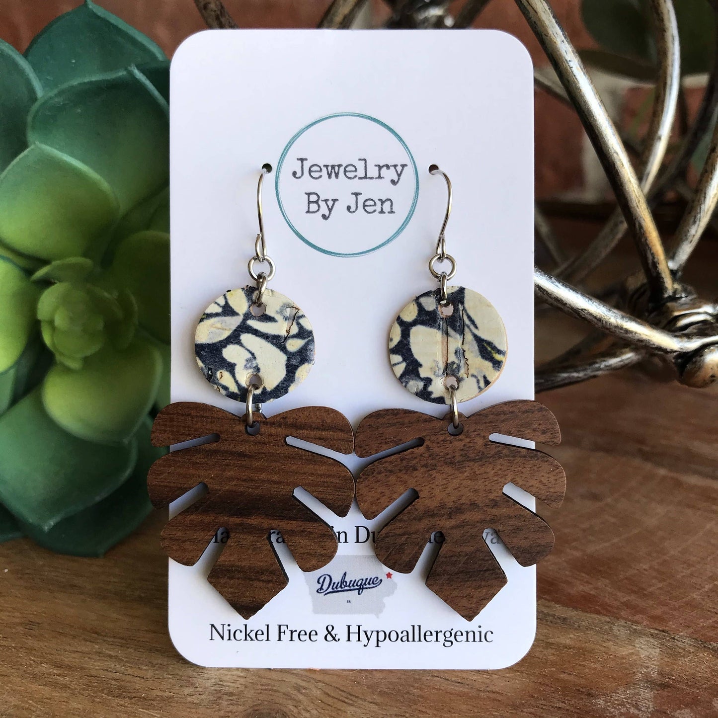 Wood Monstera Leaf & Navy Floral Cork