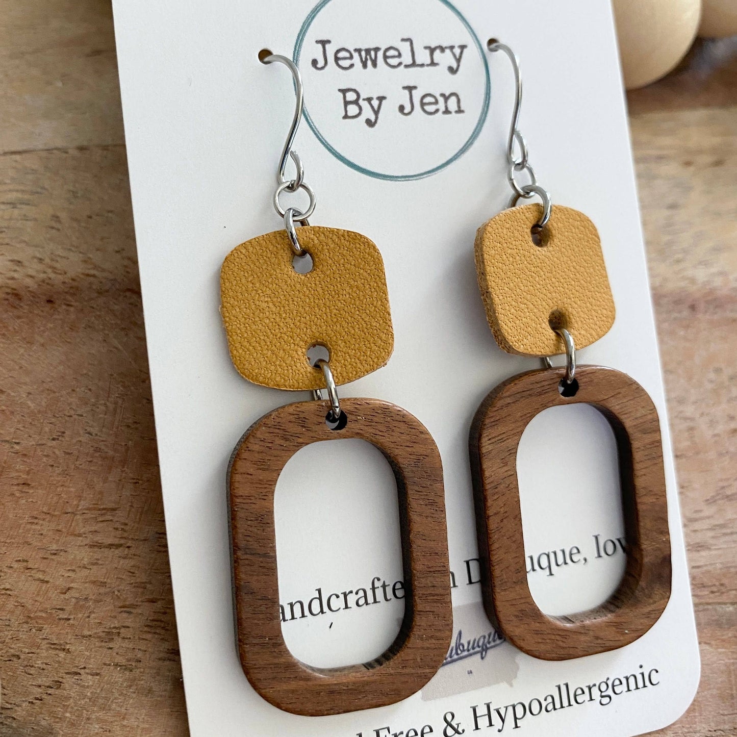 Wood Cutout Rectangle & Mustard Rounded Square Earrings