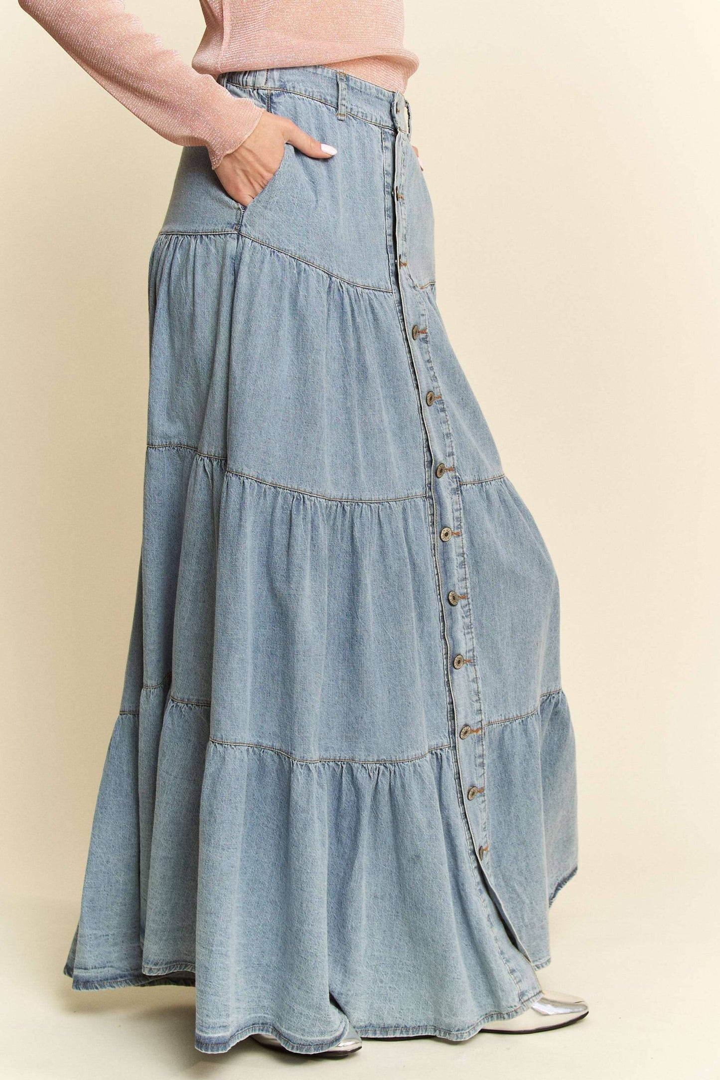 Button-Front Ruffle Hem Denim Maxi Skirt