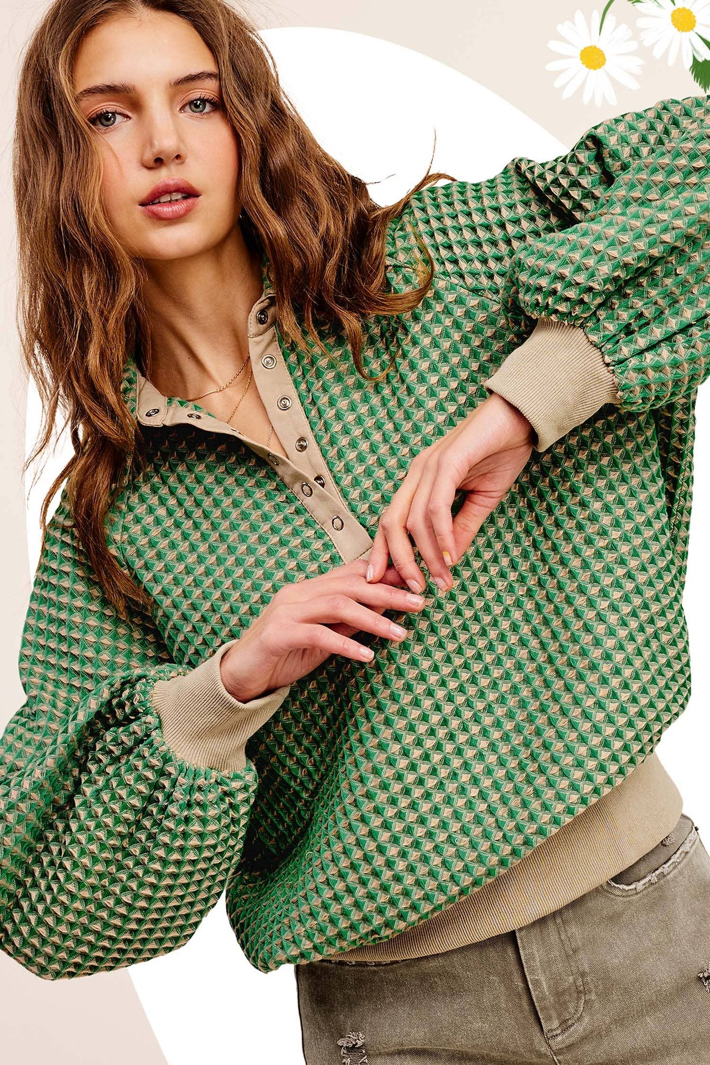 Camilla Textured Snap Button Top | Matcha