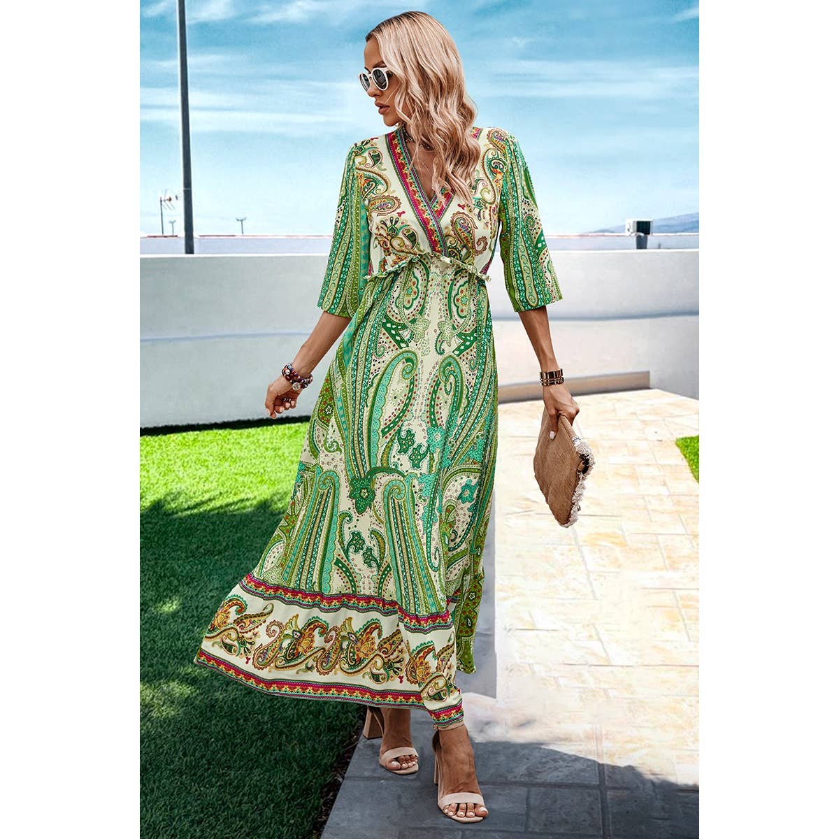 Allover Print Split High Waist Color Block Fit Dress