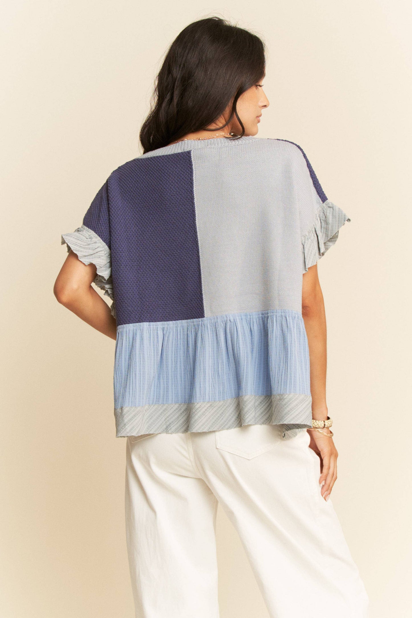 Wavy Knit Ruffle Top | Denim Navy
