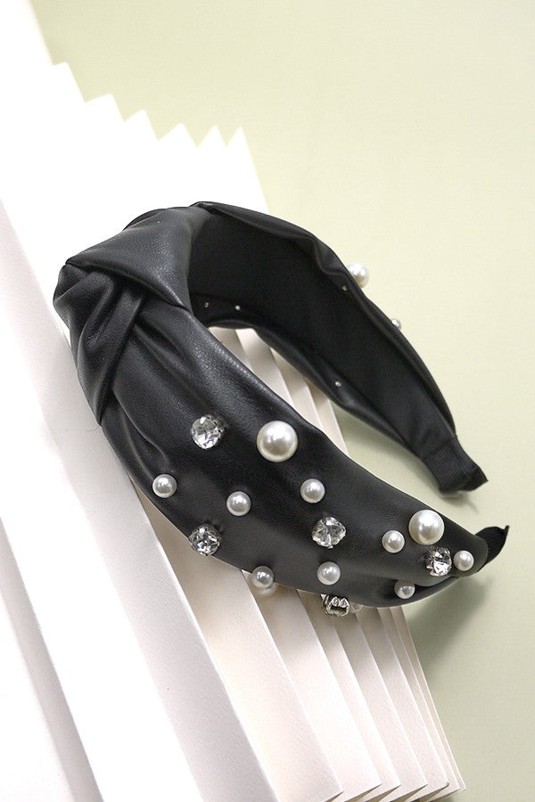 Faux Leather Pearl Rhinestone Headband