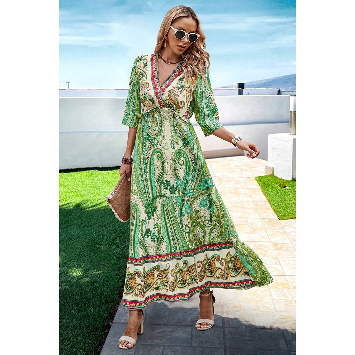 Allover Print Split High Waist Color Block Fit Dress