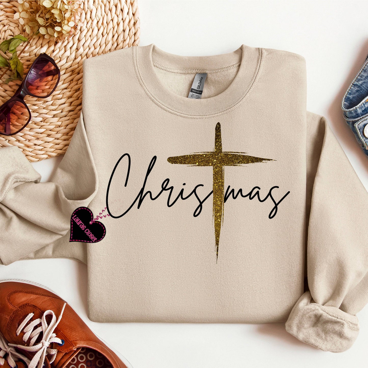 Christmas with Gold Cross Sweatshirt | Tan