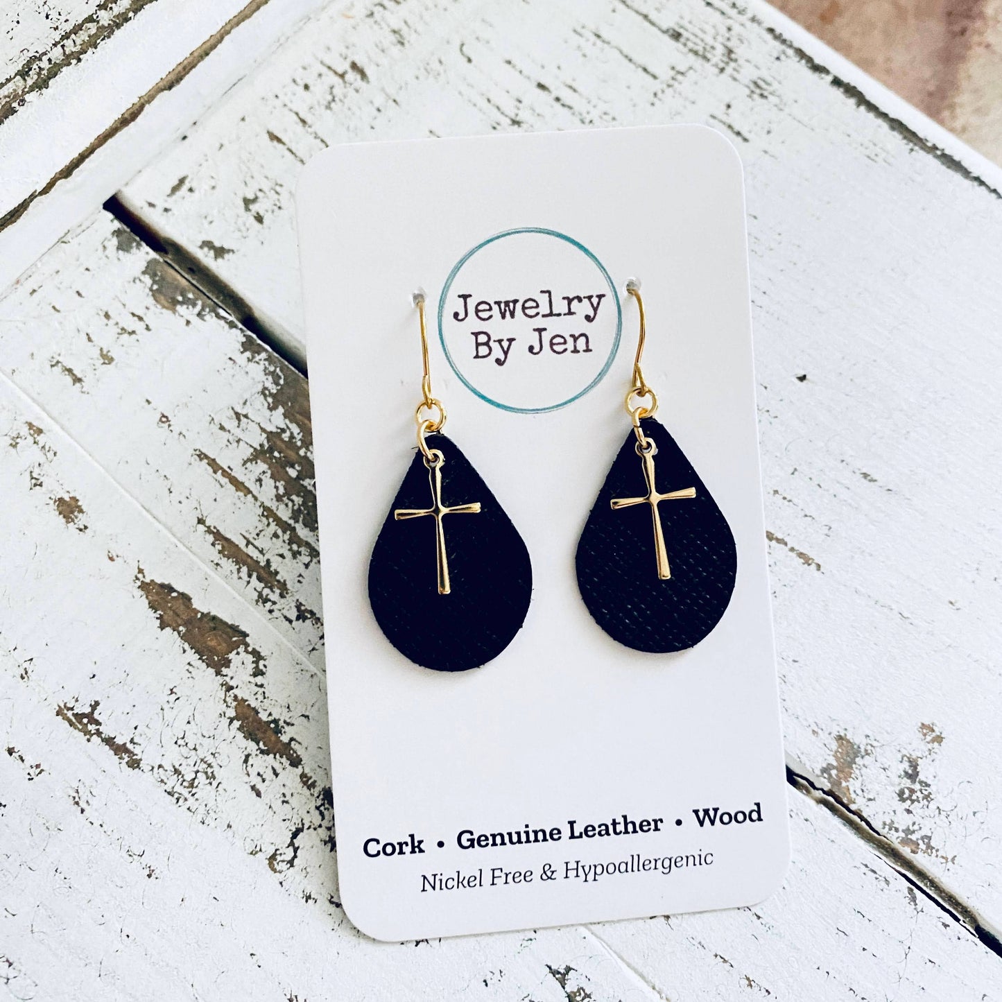 Small Teardrop: Black w/GOLD Cross Charm