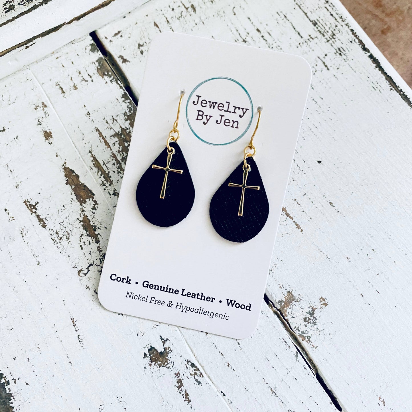 Small Teardrop: Black w/GOLD Cross Charm