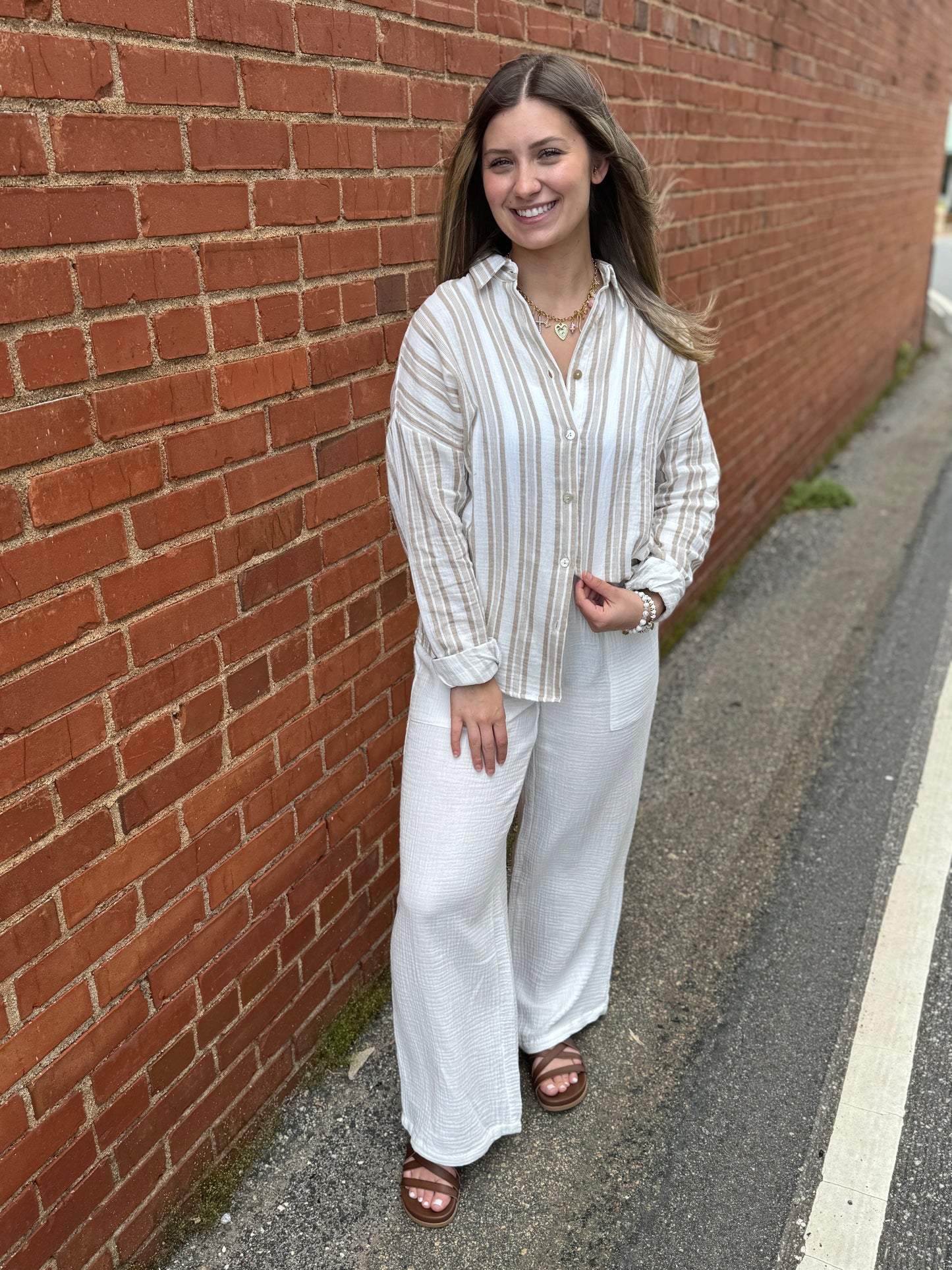 Akoya Dreams Button-Up Top | Khaki Stripe