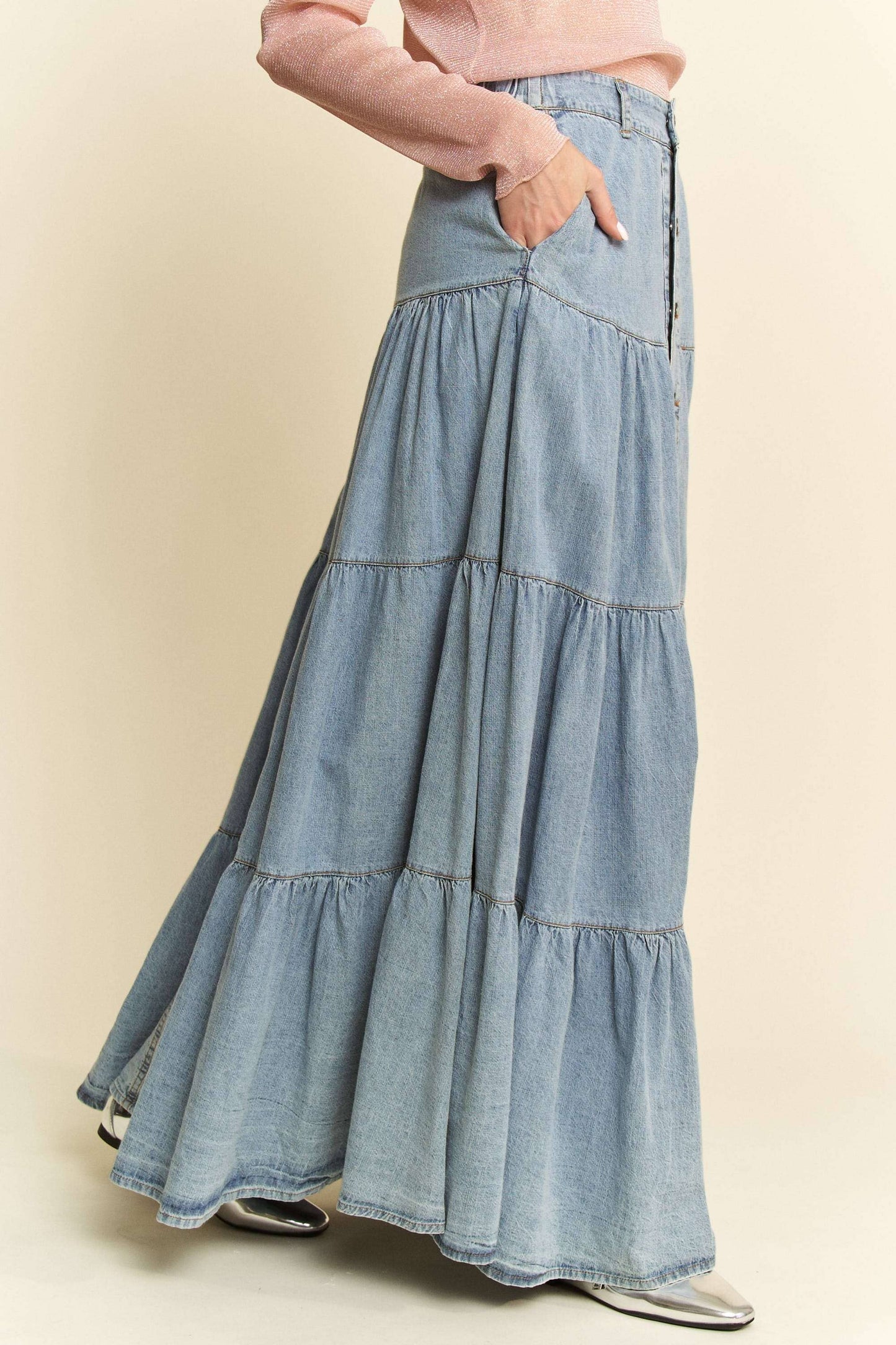 Button-Front Ruffle Hem Denim Maxi Skirt
