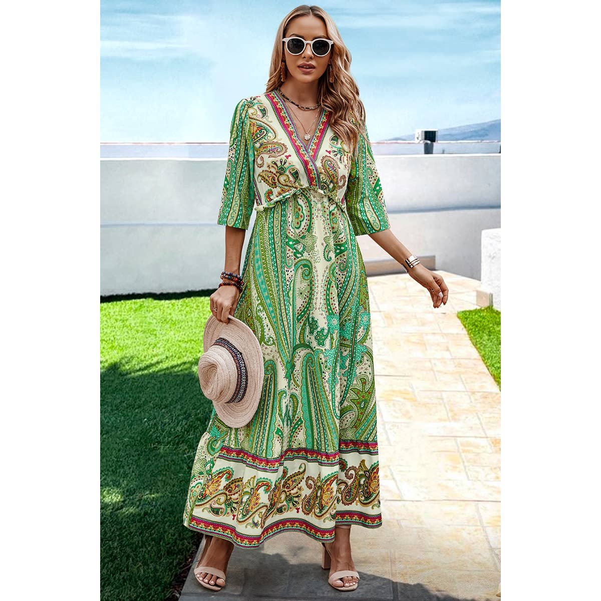 Allover Print Split High Waist Color Block Fit Dress
