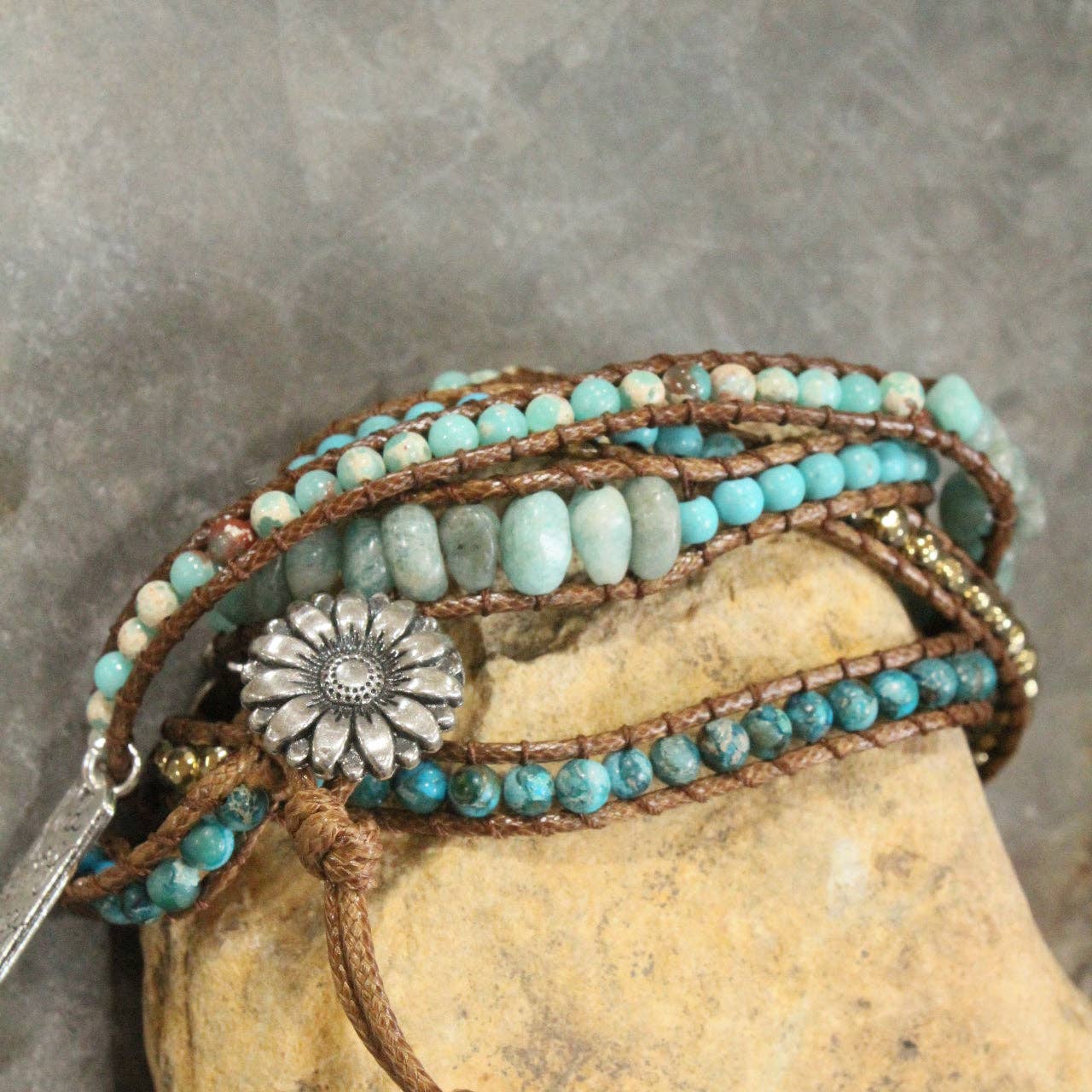 "Chase Your Dreams" Leather & Turquoise Stones Wrap Bracelet