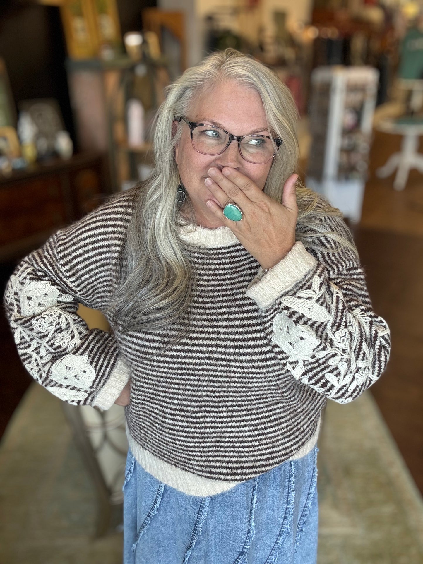 Brown Stripe Embroired Sleeve Sweater