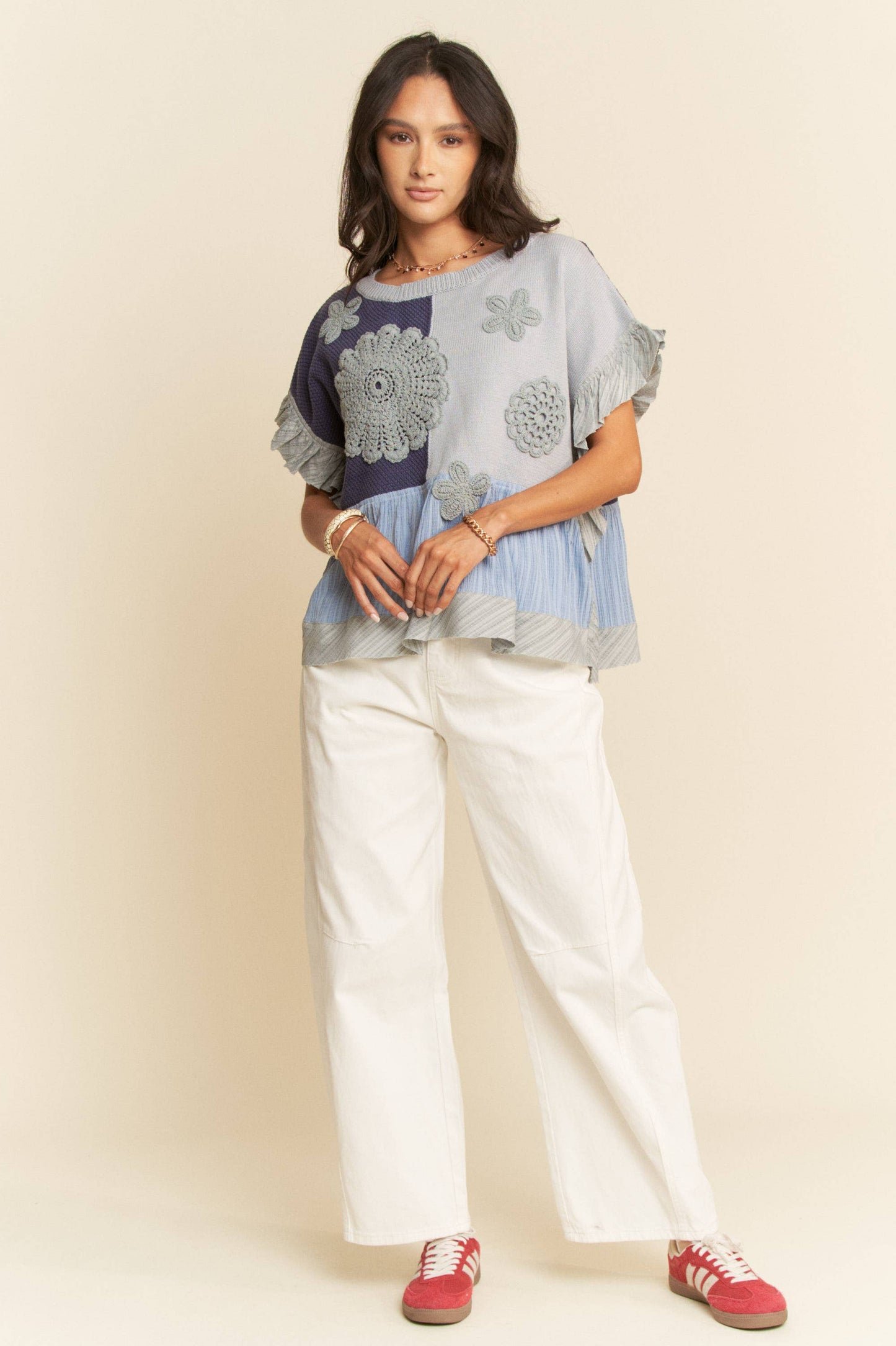 Wavy Knit Ruffle Top | Denim Navy
