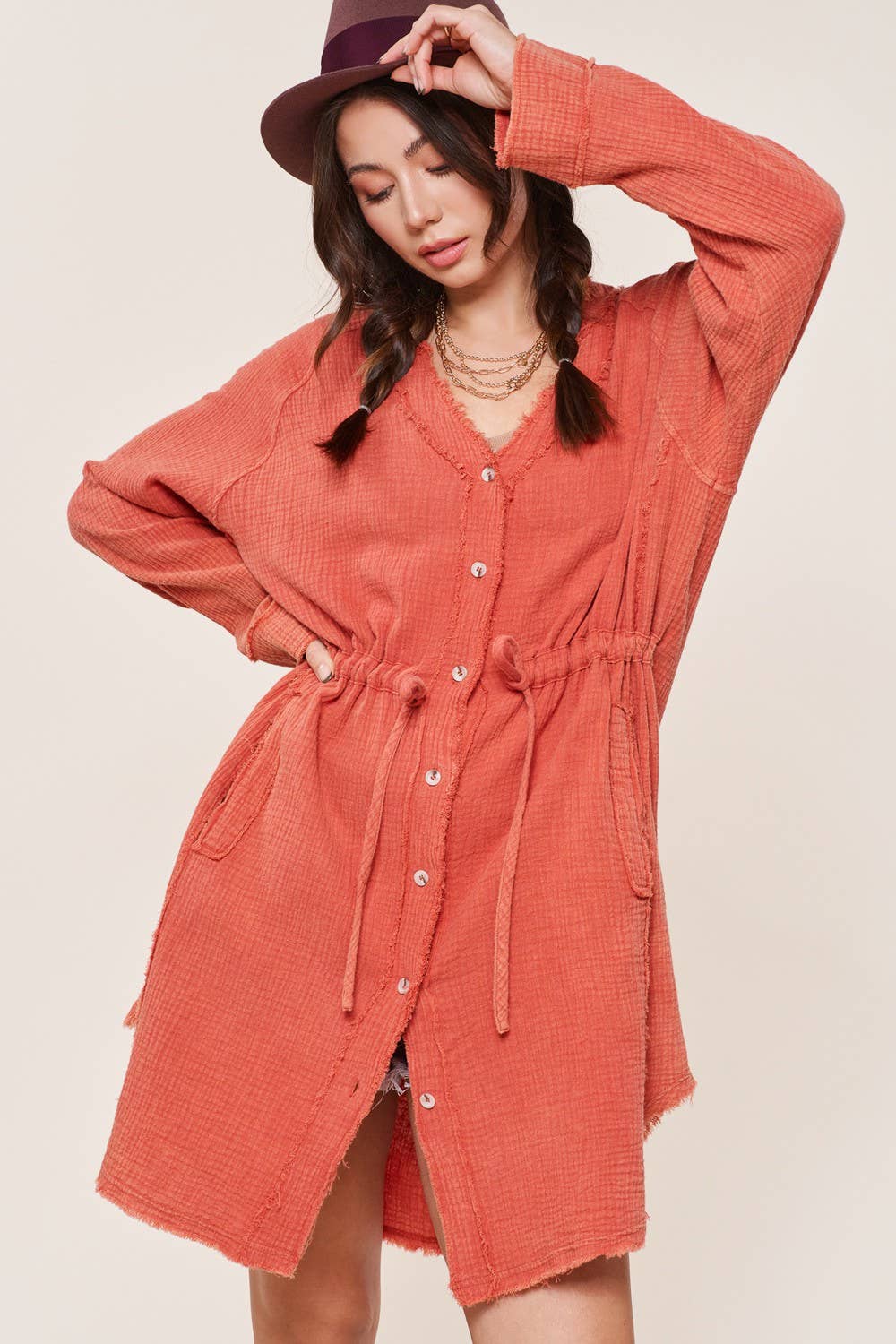 Emery Gauze Button-Down Tunic | Burnt Orange