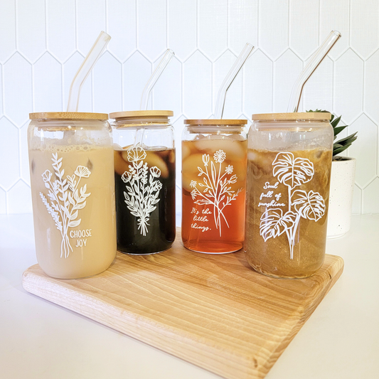 Floral Iced Coffee Glass Can with Bamboo Lid and Straw