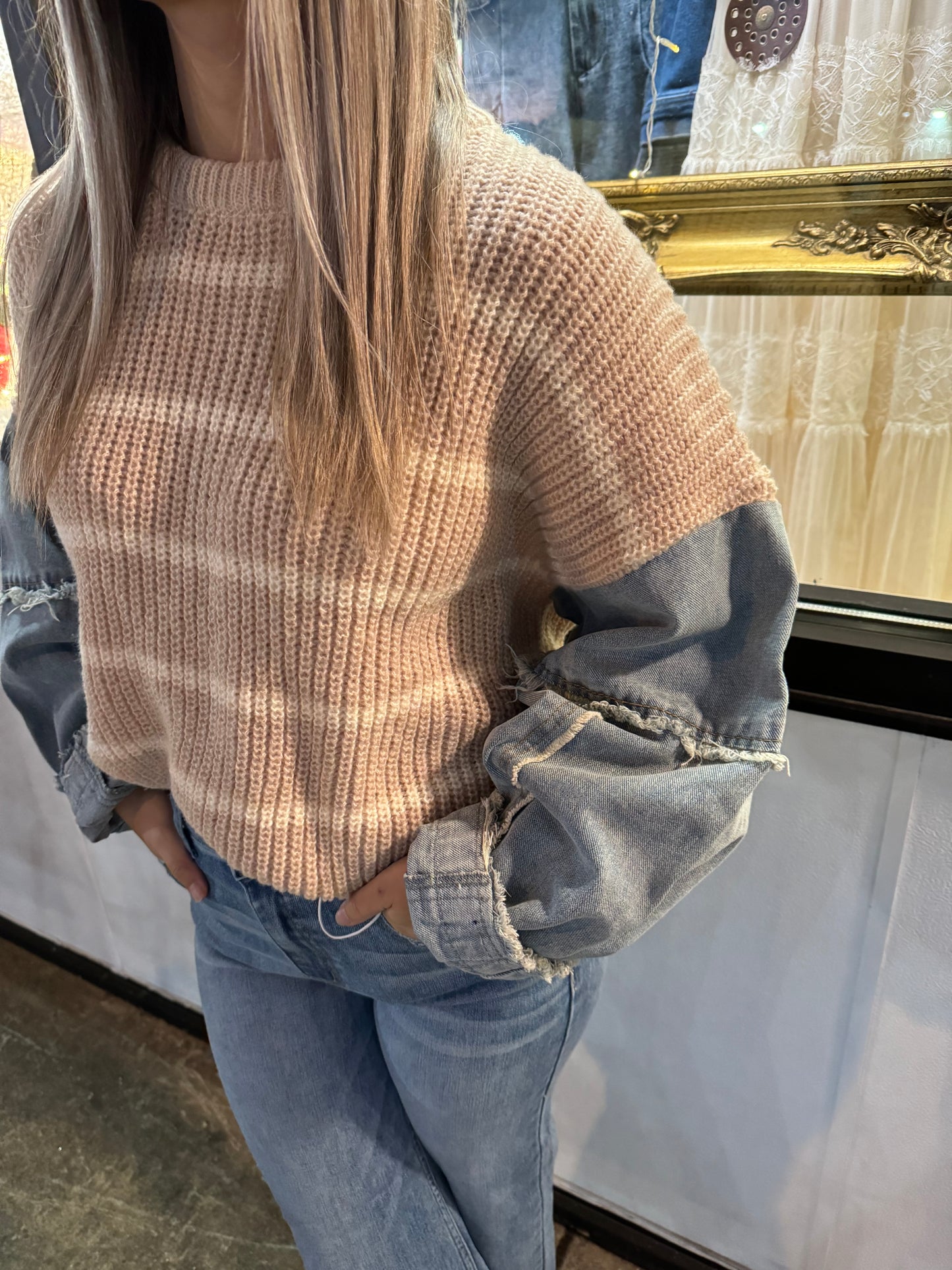 Blaire Sweater with Denim Sleeves