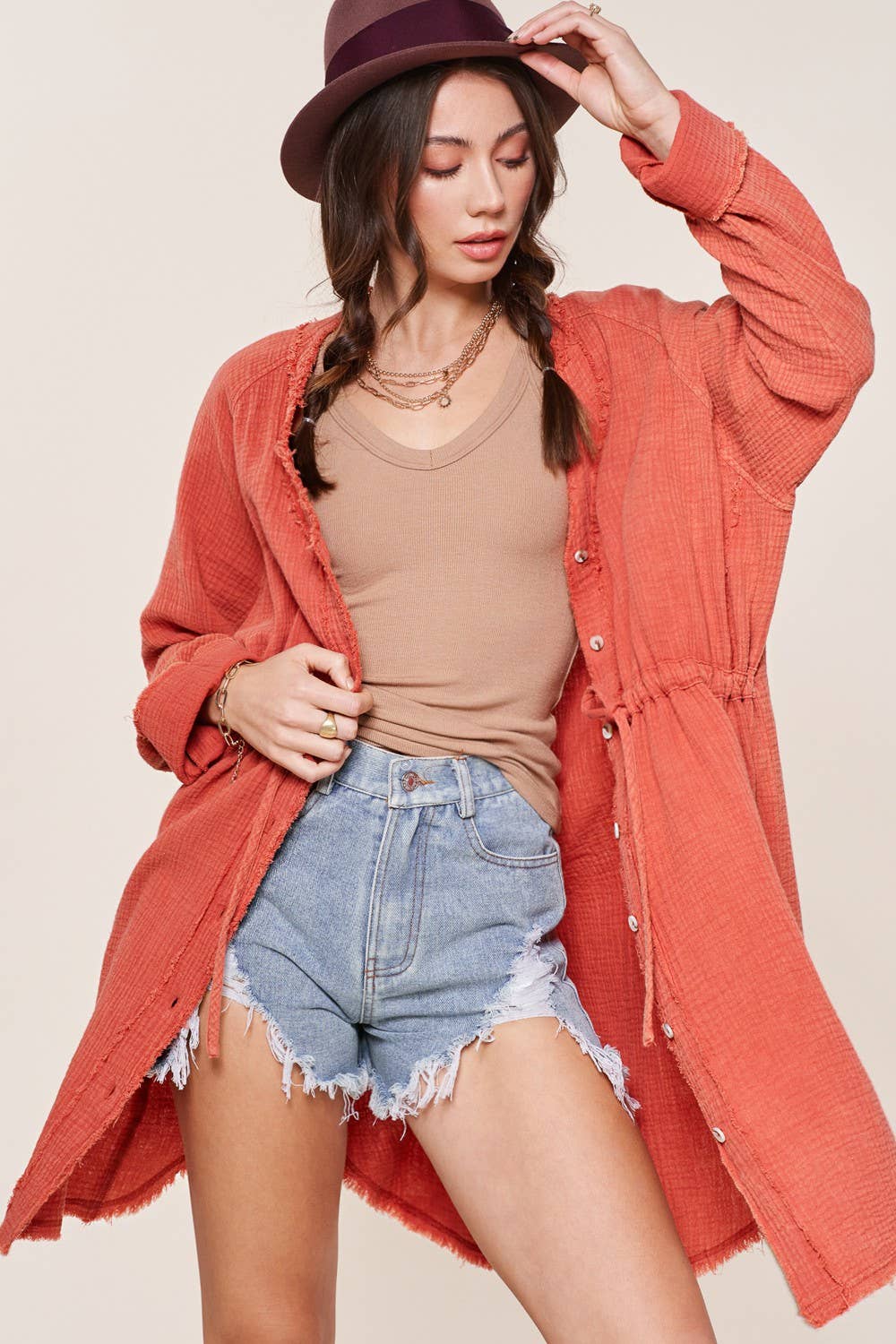 Emery Gauze Button-Down Tunic | Burnt Orange