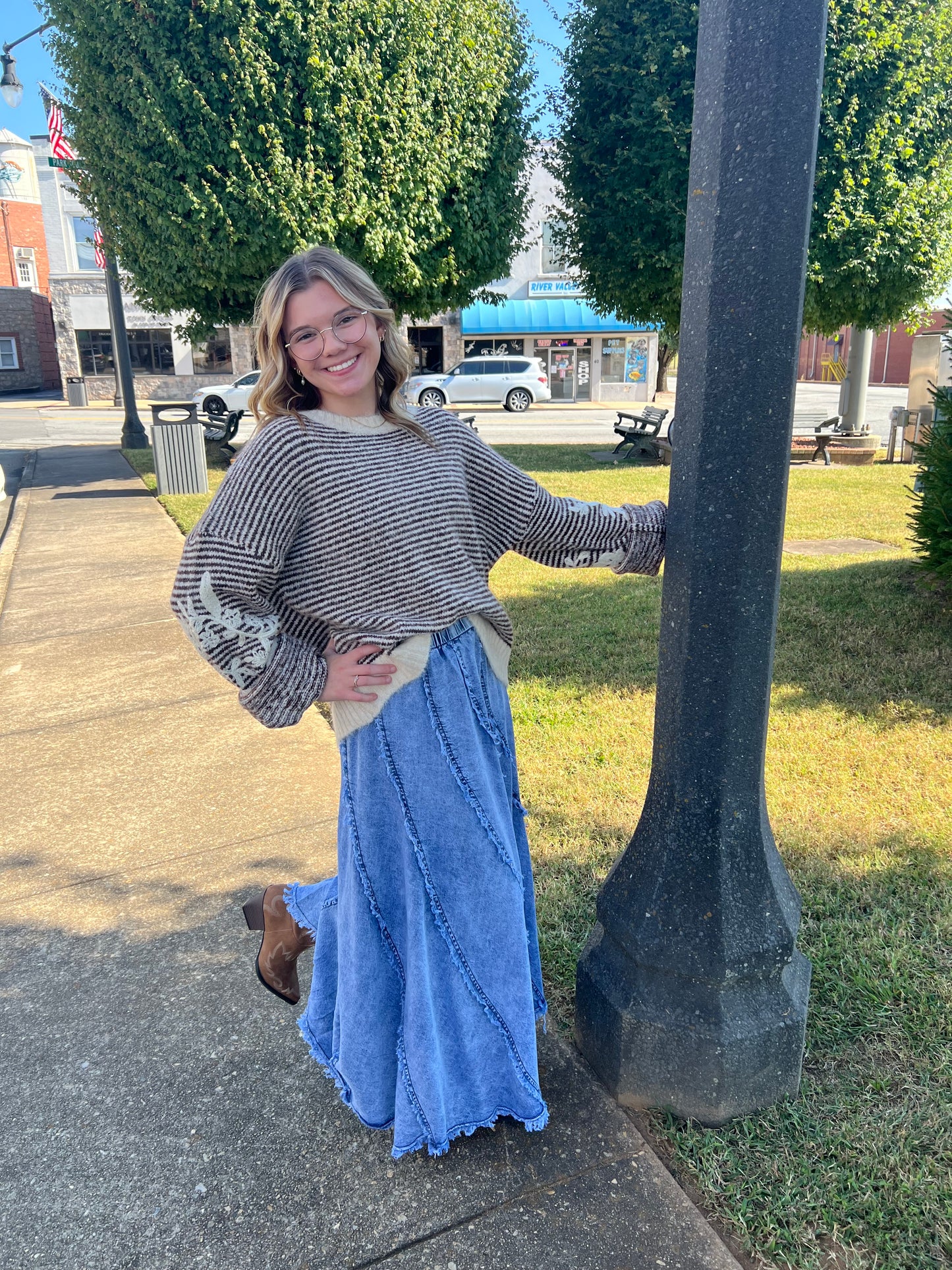 Brown Stripe Embroired Sleeve Sweater