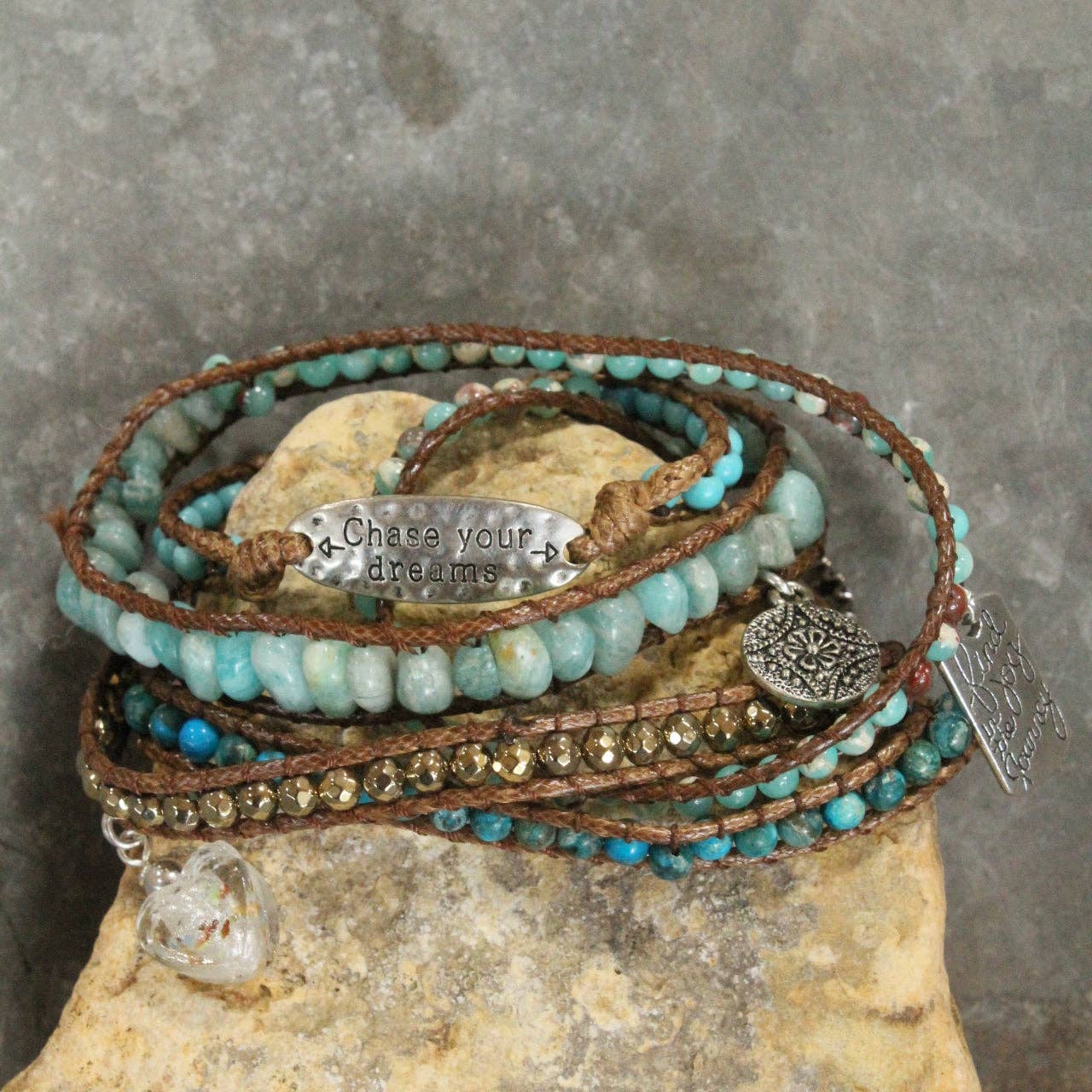 "Chase Your Dreams" Leather & Turquoise Stones Wrap Bracelet