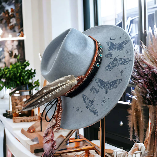 Celestial Moth Lotus Moon Stars Burned Hat