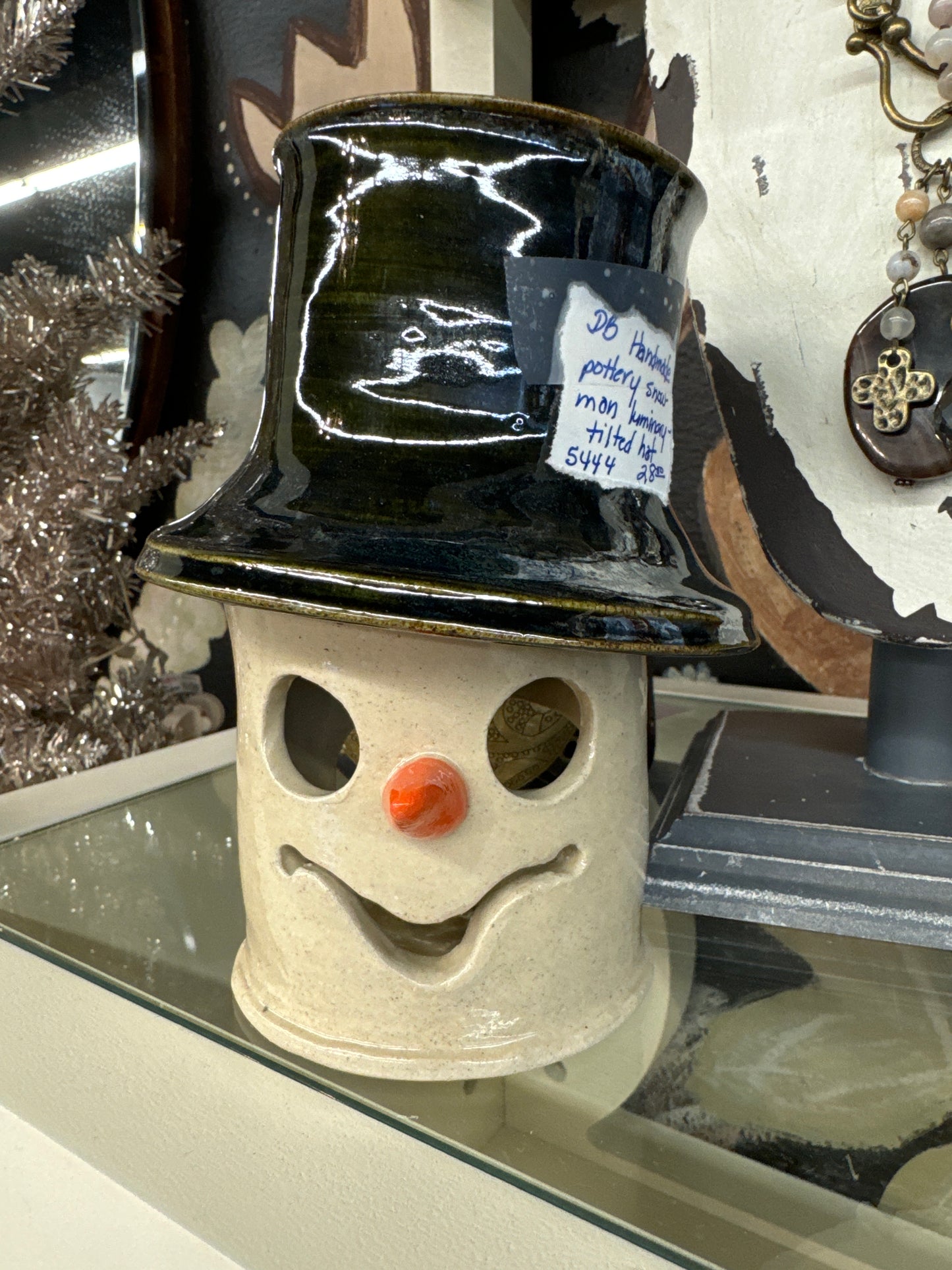 Handmade Pottery Snowman Luminary -tilted black hat