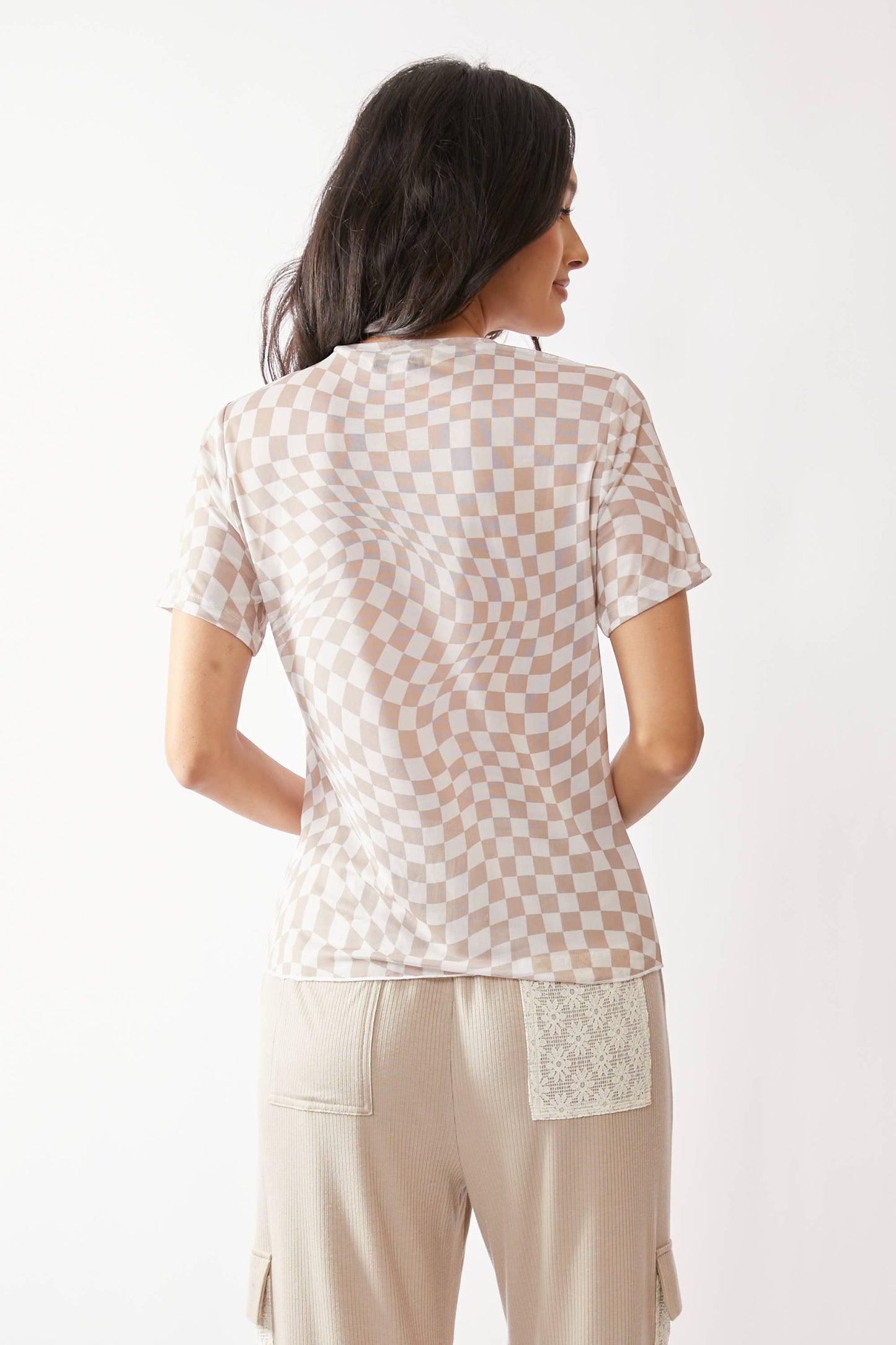 Checker Board Mesh Short Sleeve Top | Ivory Taupe