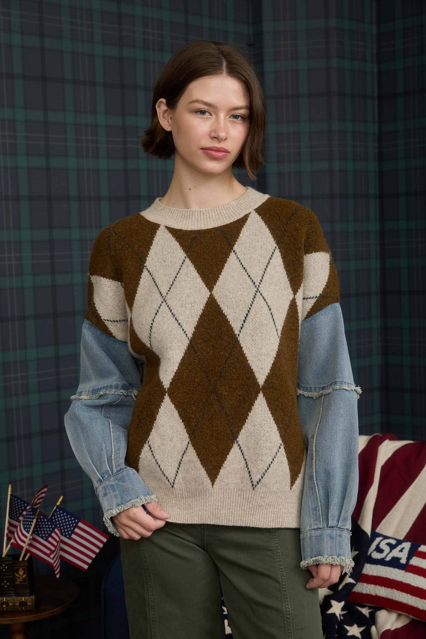 Colette Argyle Denim Sleeve Sweater