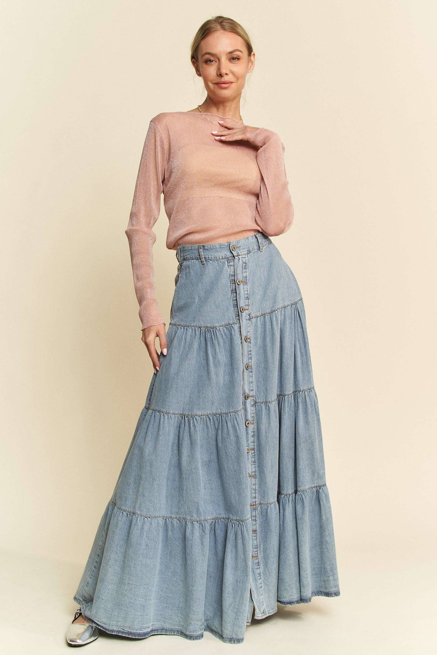 Button-Front Ruffle Hem Denim Maxi Skirt