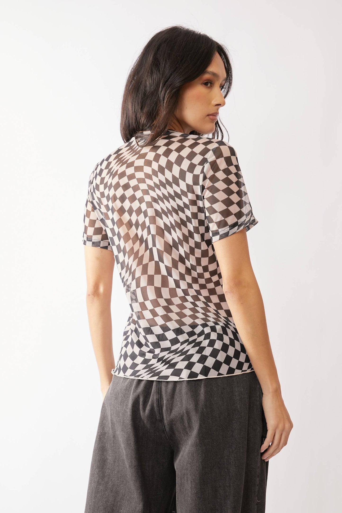 Checker Board Mesh Short Sleeve Top | Black