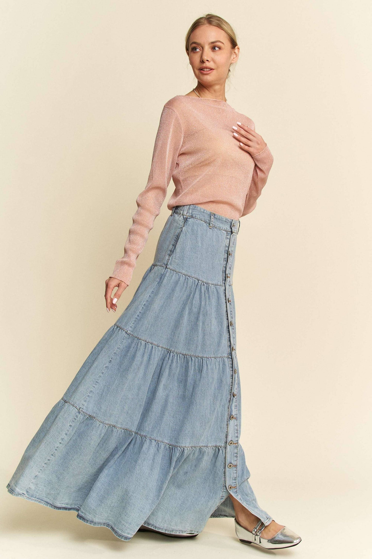 Button-Front Ruffle Hem Denim Maxi Skirt