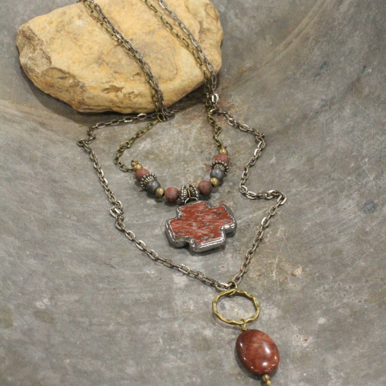 Antique Stone Cross Mixed Metal Stone Drop Necklace