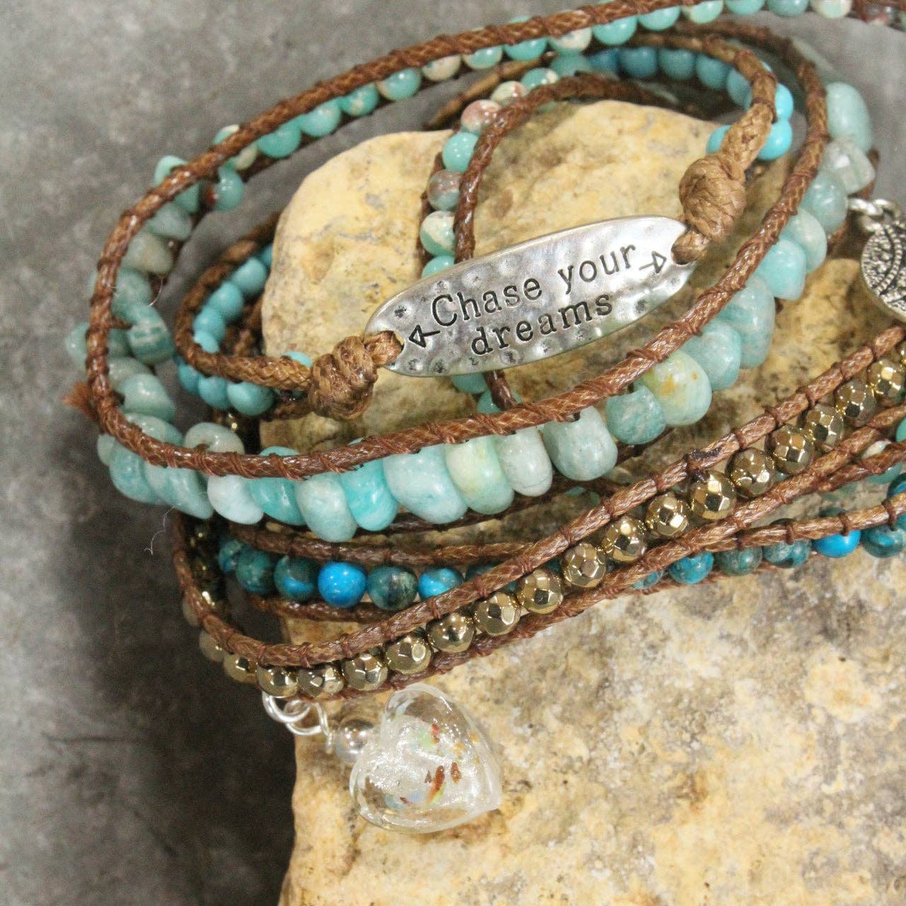 "Chase Your Dreams" Leather & Turquoise Stones Wrap Bracelet
