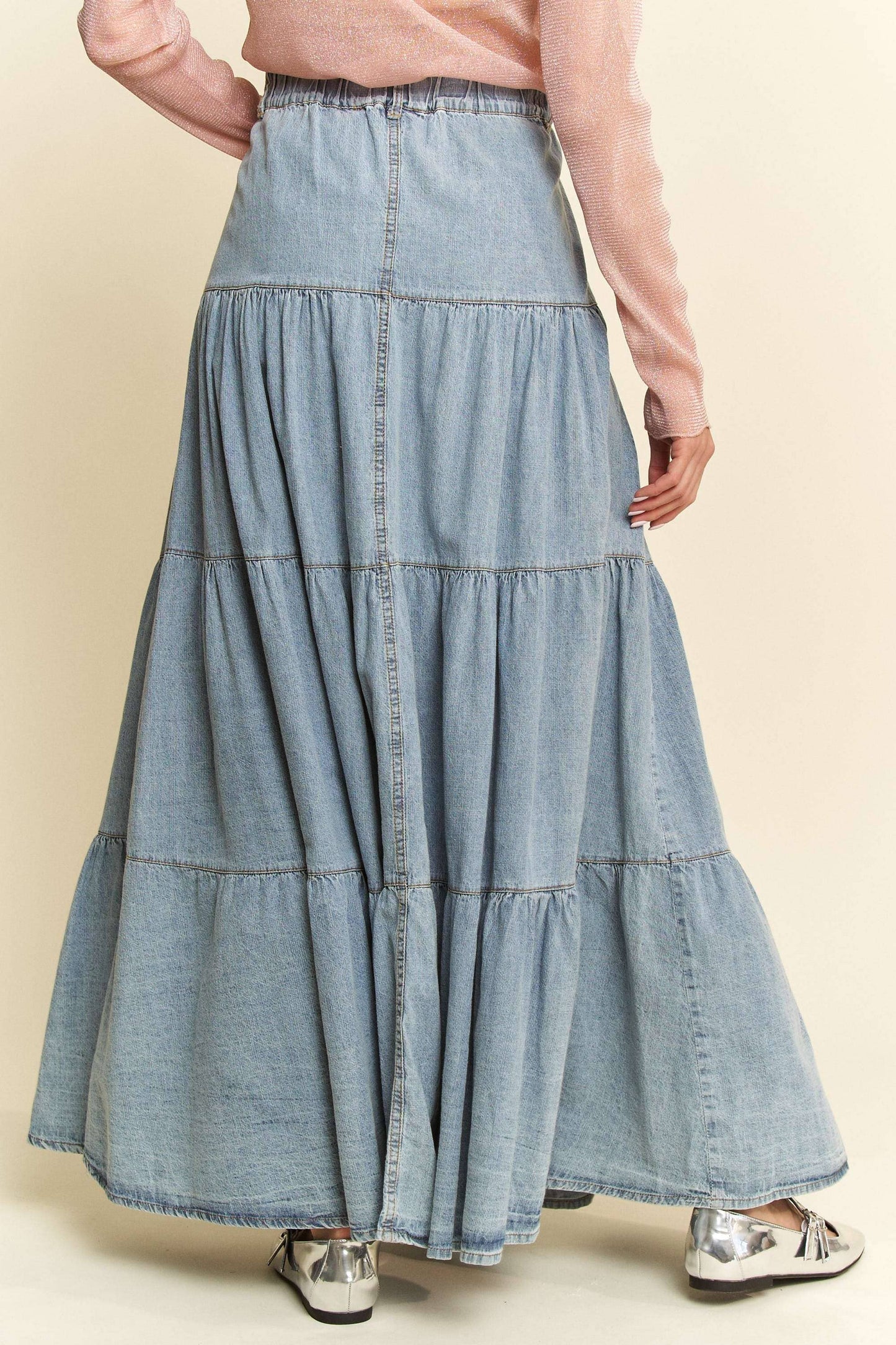 Button-Front Ruffle Hem Denim Maxi Skirt