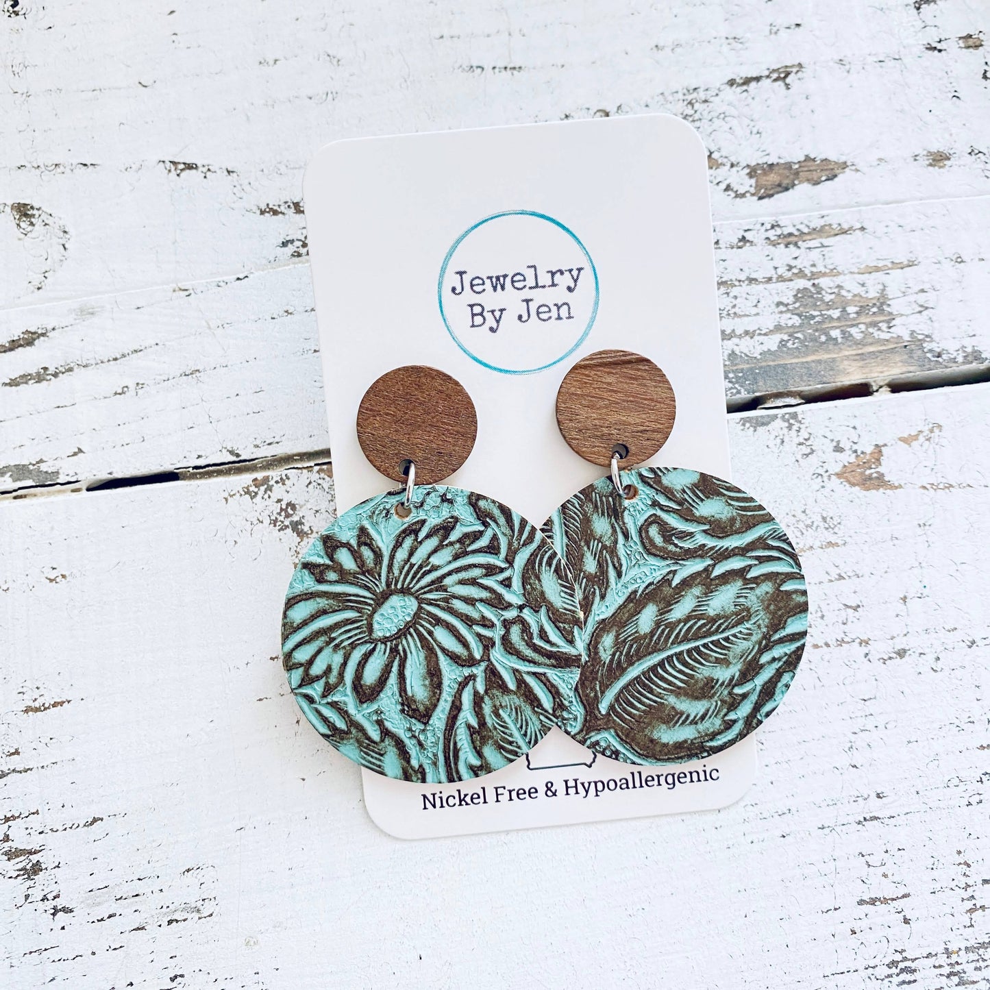 Wood Stud Earring: Turquoise & Brown Daisy Floral Tooled