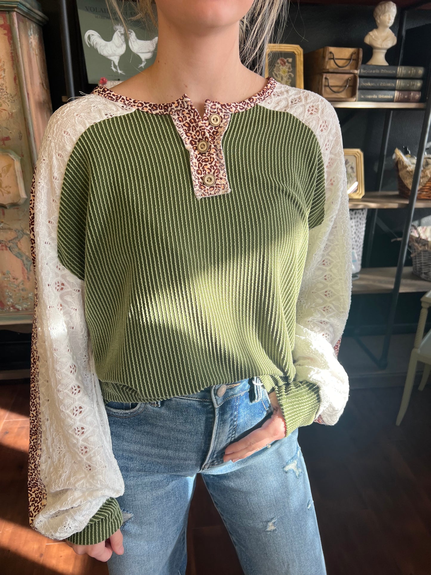 Leopard Lace Green Rib Top