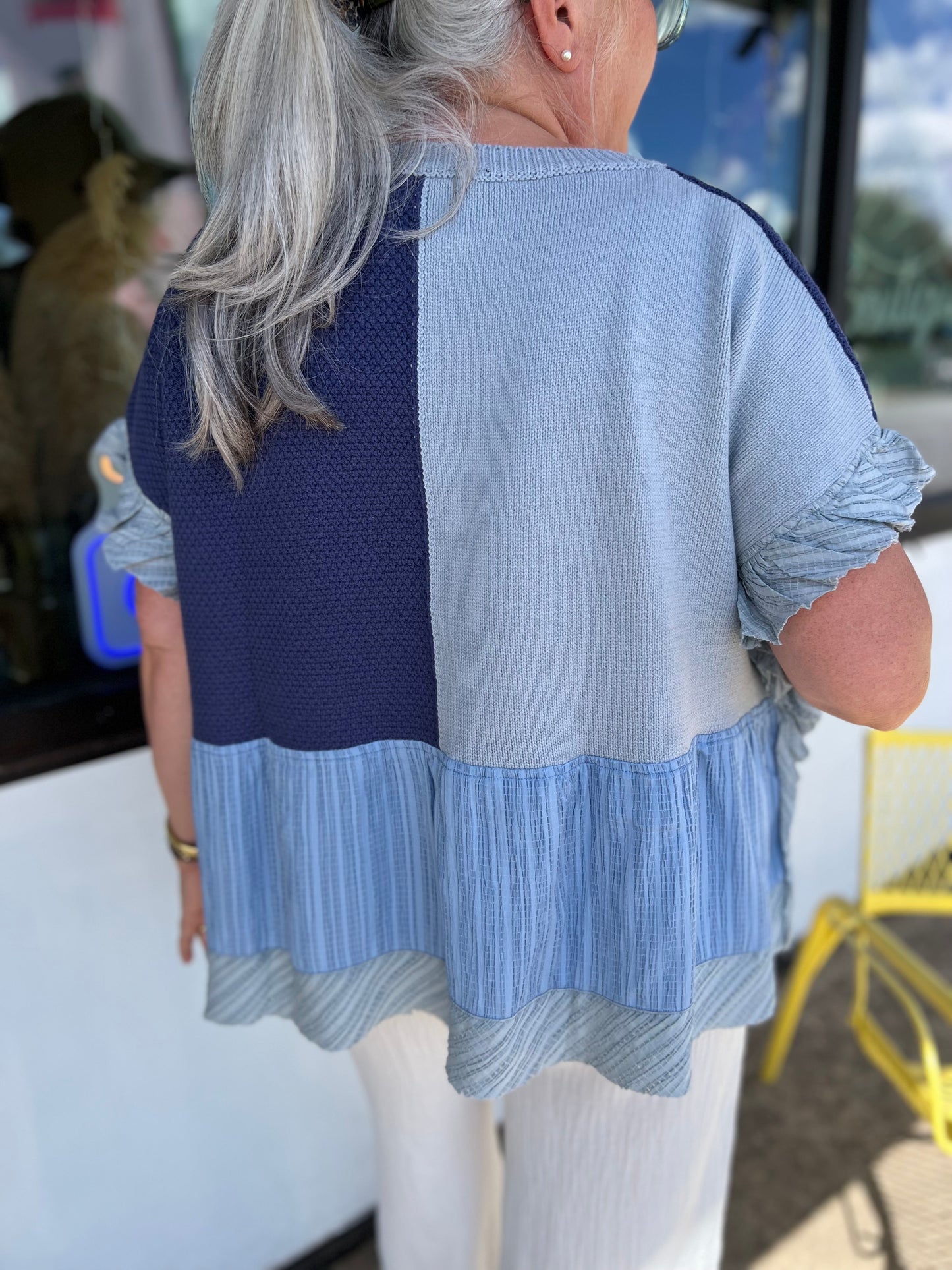 Wavy Knit Ruffle Top | Denim Navy