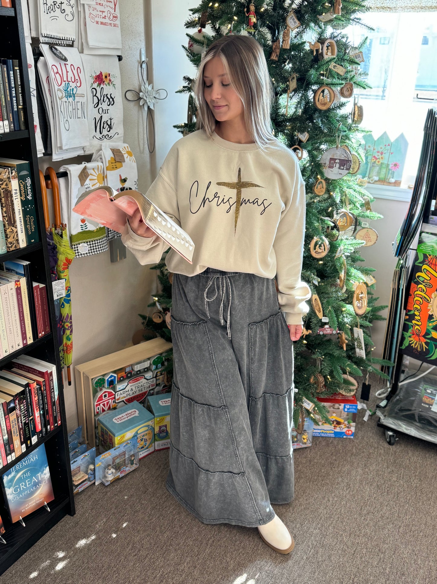 Christmas with Gold Cross Sweatshirt | Tan