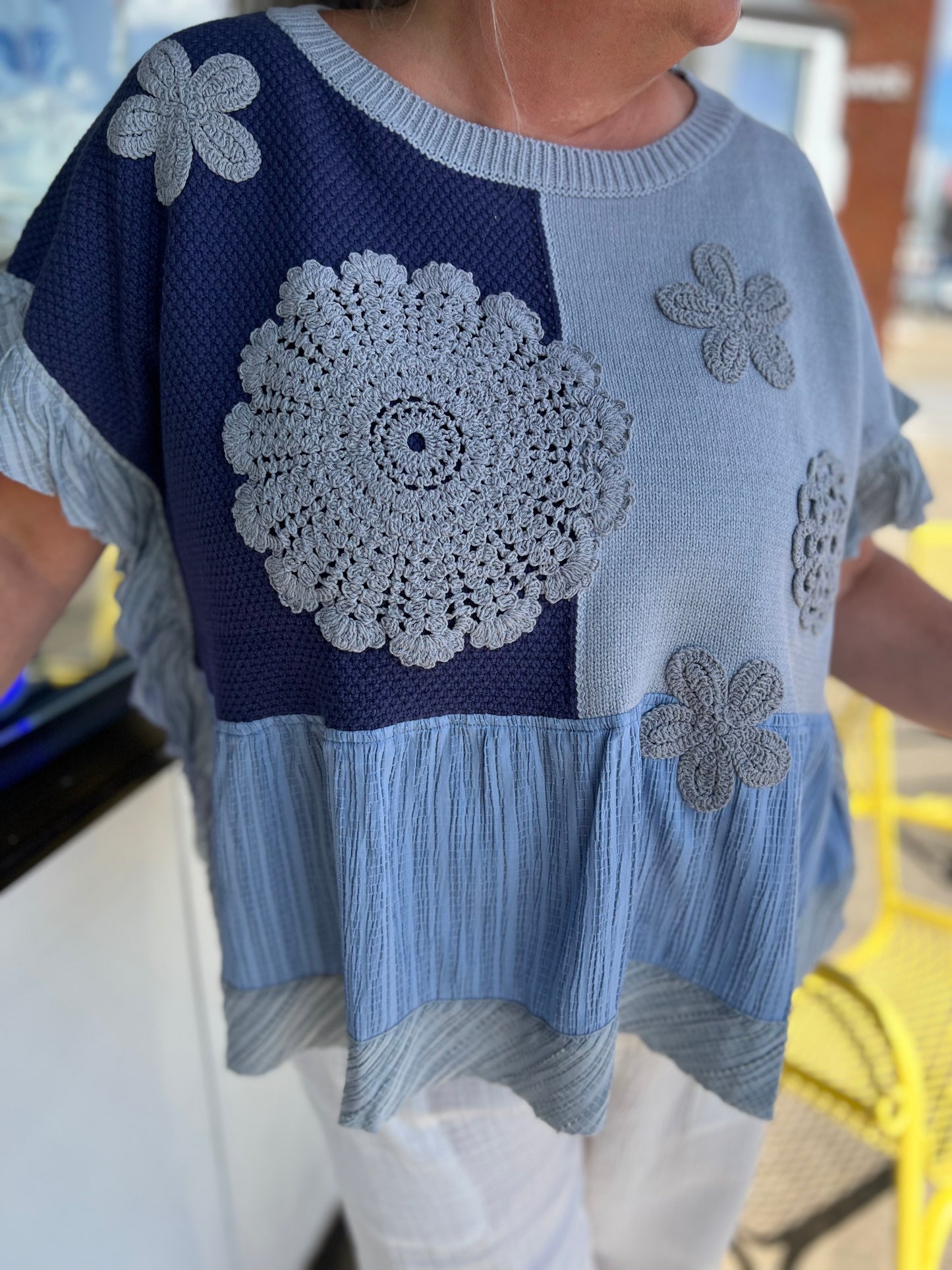Wavy Knit Ruffle Top | Denim Navy
