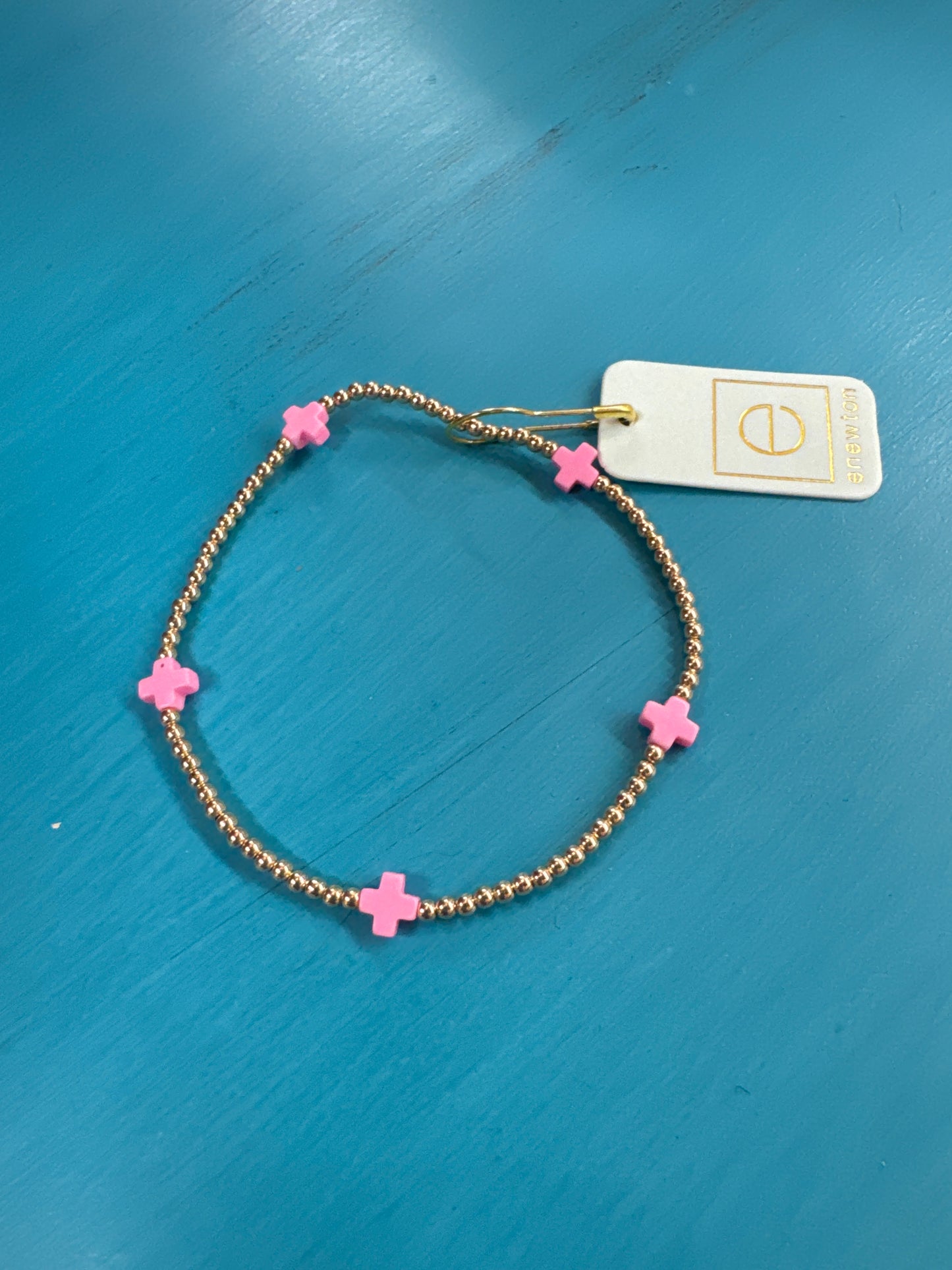 eNewton - Signature Cross Small Gold Pattern 2Mm Bead Bracelet - Pink