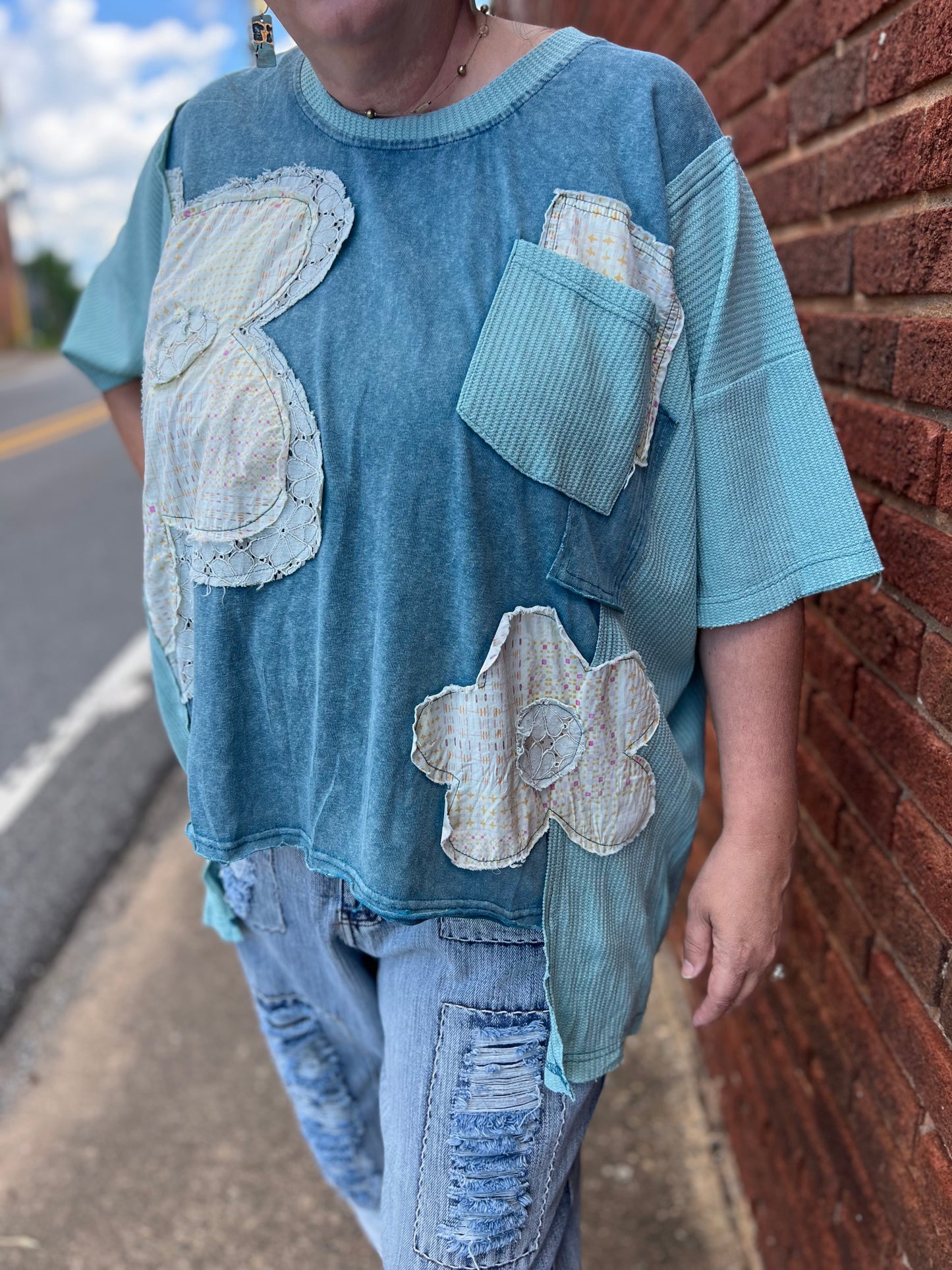 Fancy Floral Patch Top | Teal