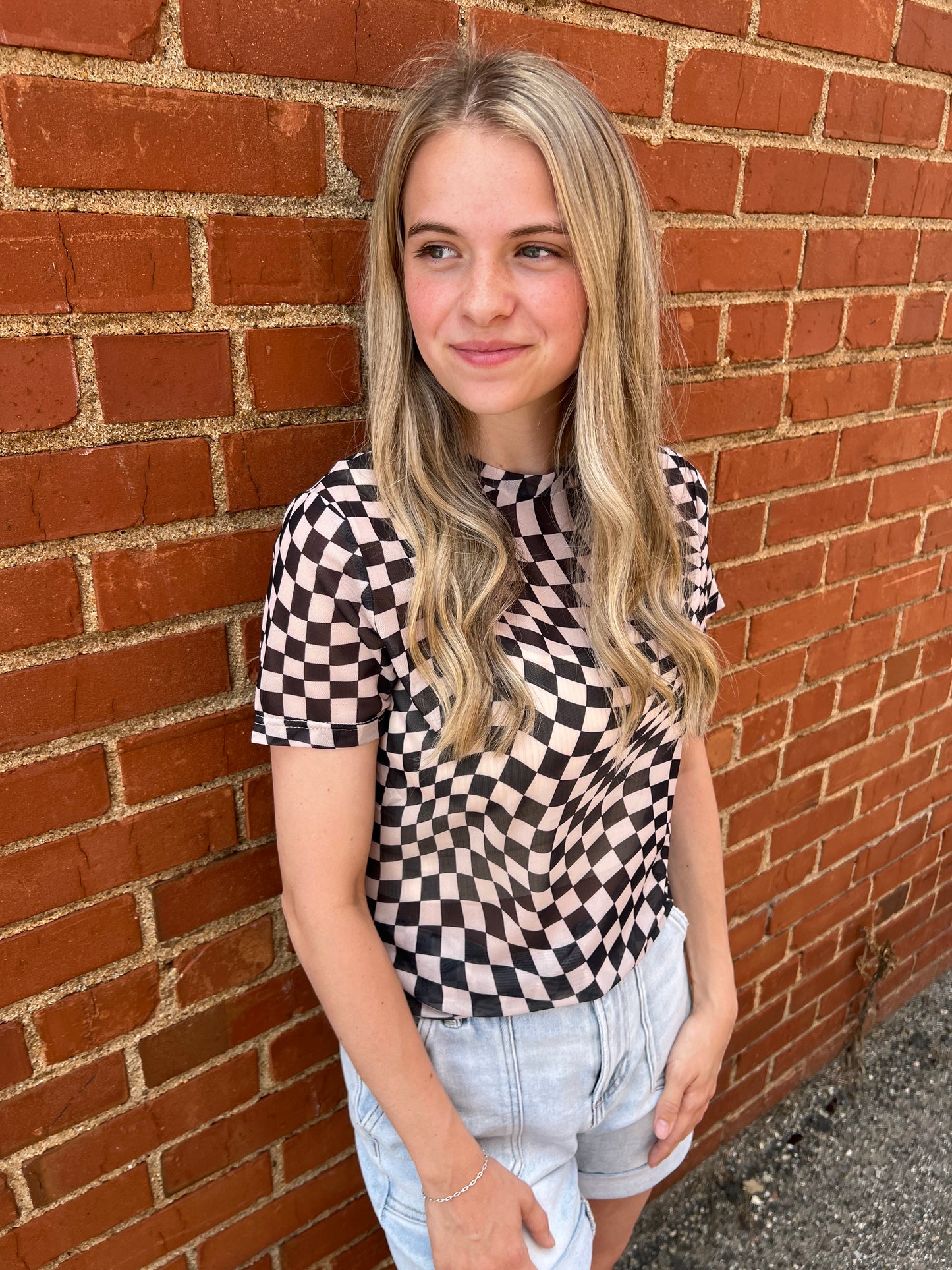 Checker Board Mesh Short Sleeve Top | Black
