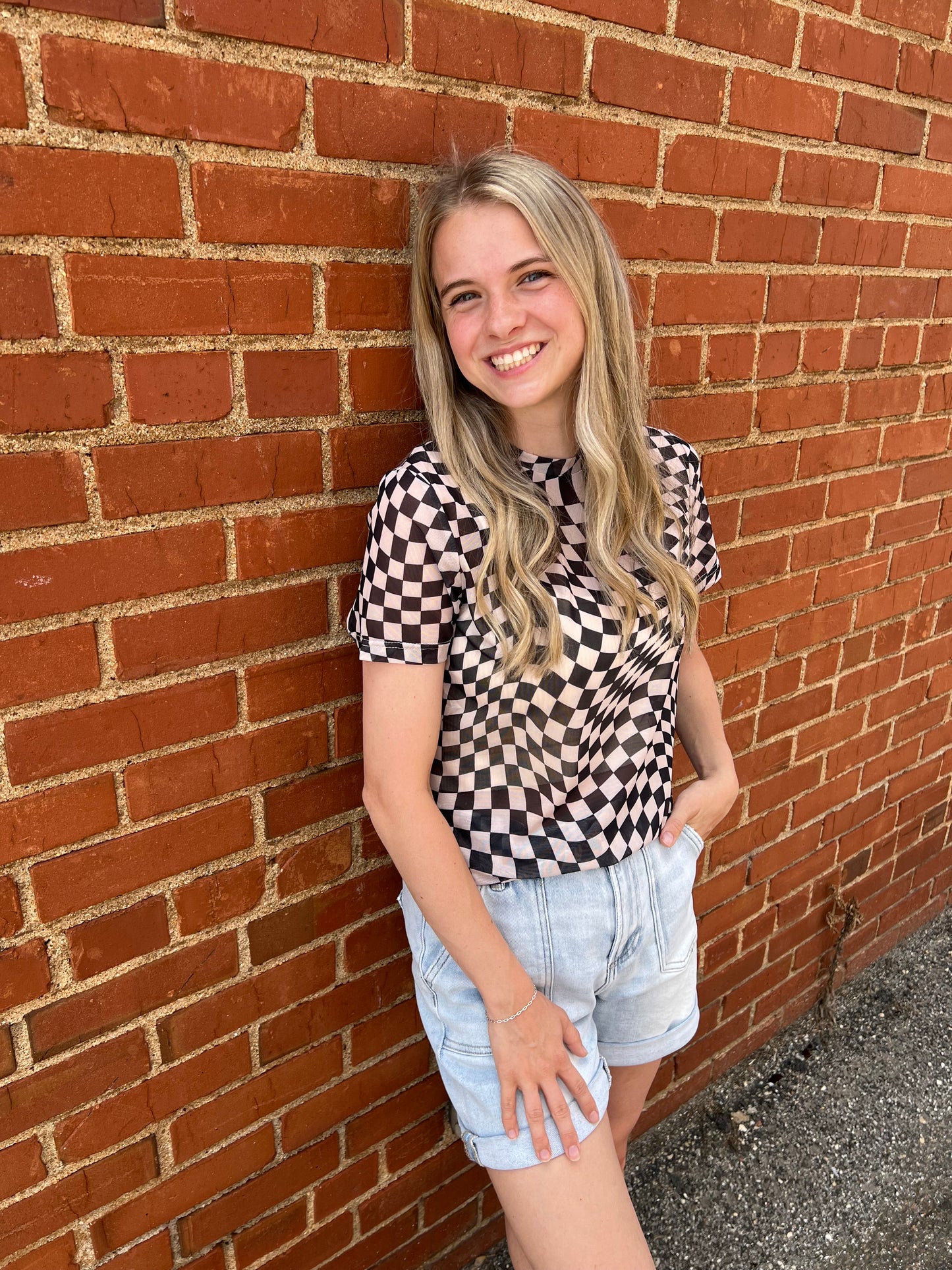 Checker Board Mesh Short Sleeve Top | Black