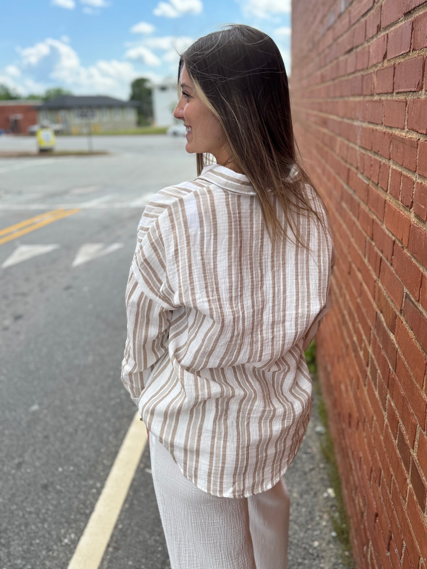 Akoya Dreams Button-Up Top | Khaki Stripe
