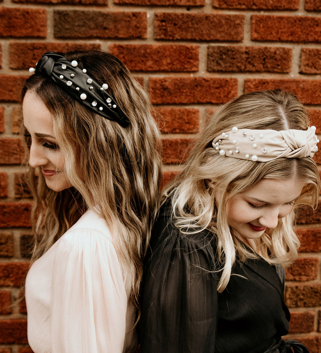 Faux Leather Pearl Rhinestone Headband