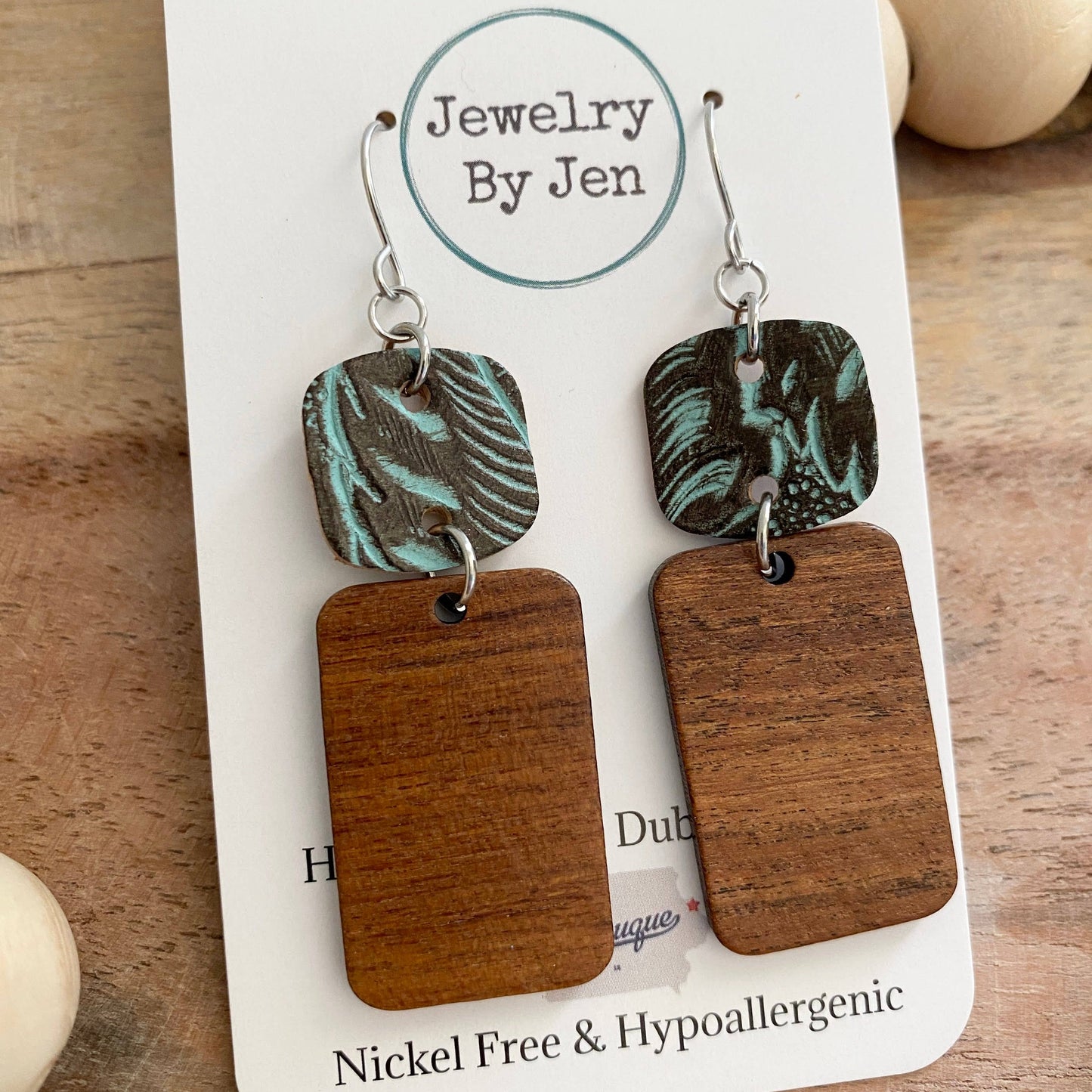 Wood Rectangle: Turquoise & Brown Tooled