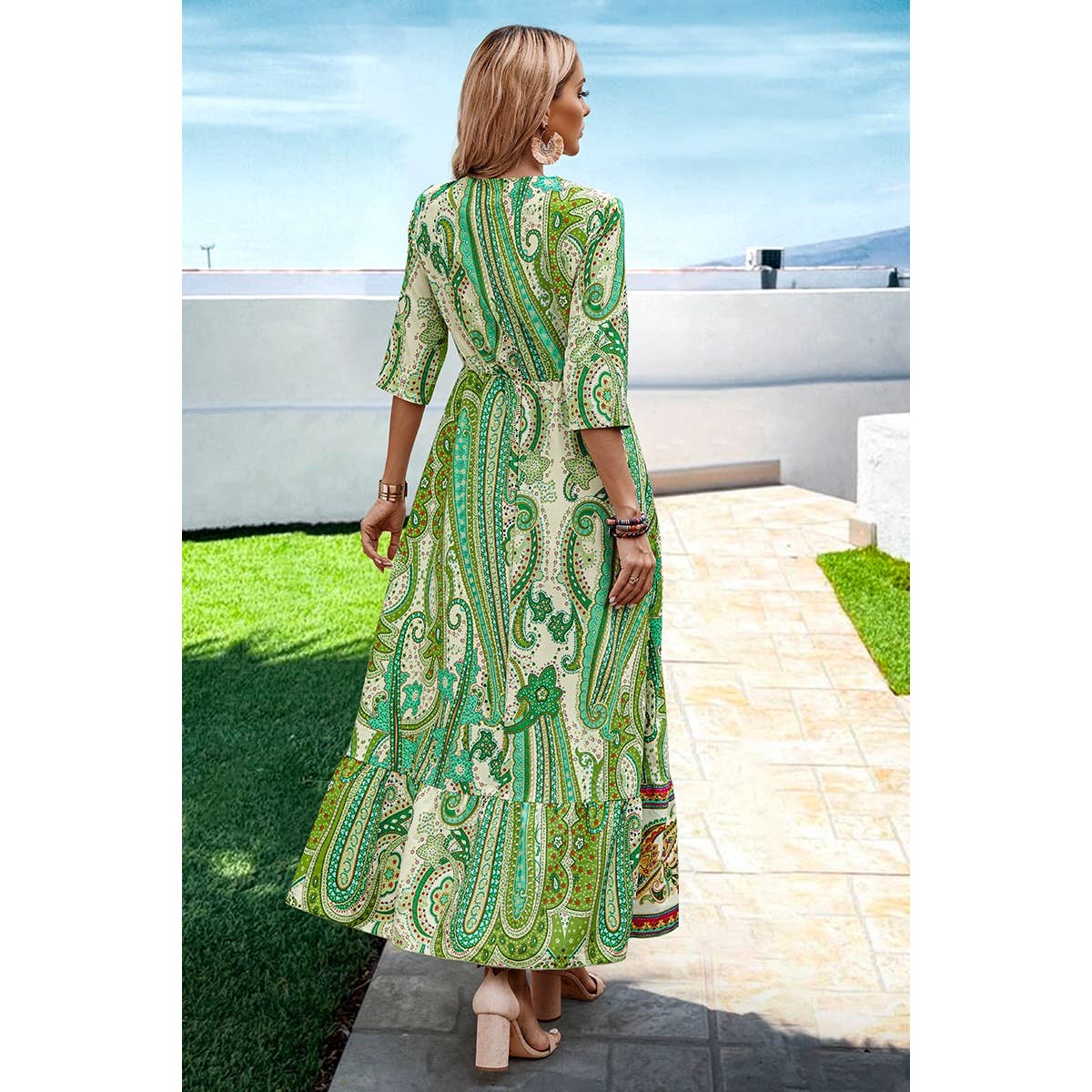 Allover Print Split High Waist Color Block Fit Dress