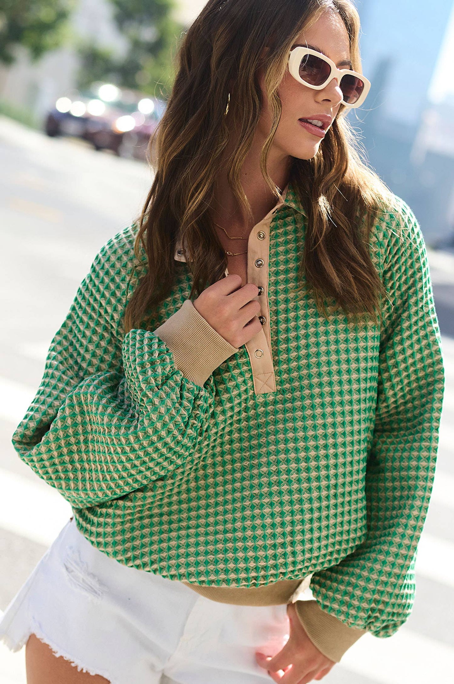 Camilla Textured Snap Button Top | Matcha