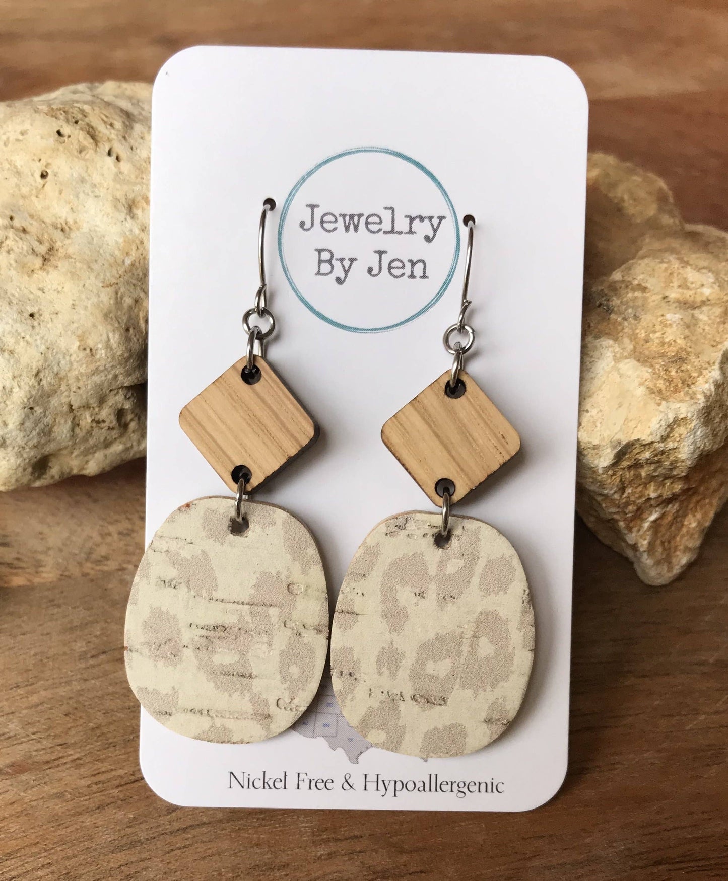 White Oak Diamond & Cream Leopard Cork Rounded Square