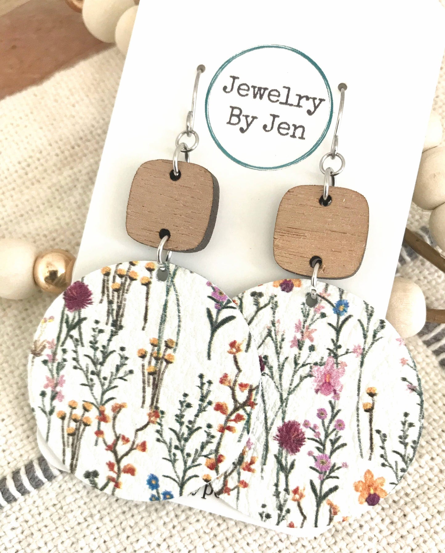 Walnut Rounded Square & Delicate Wildflowers Circle Earrings