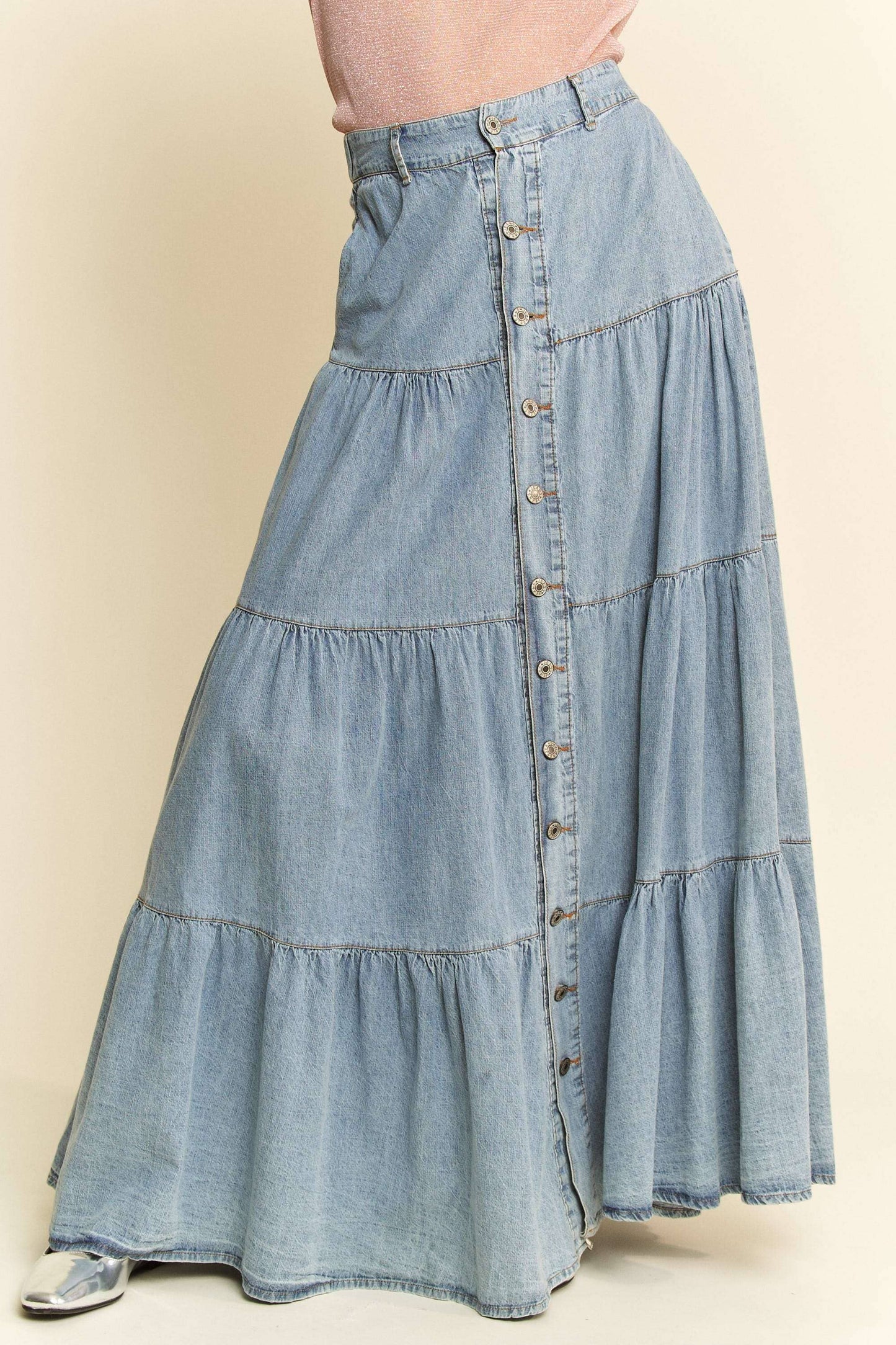 Button-Front Ruffle Hem Denim Maxi Skirt